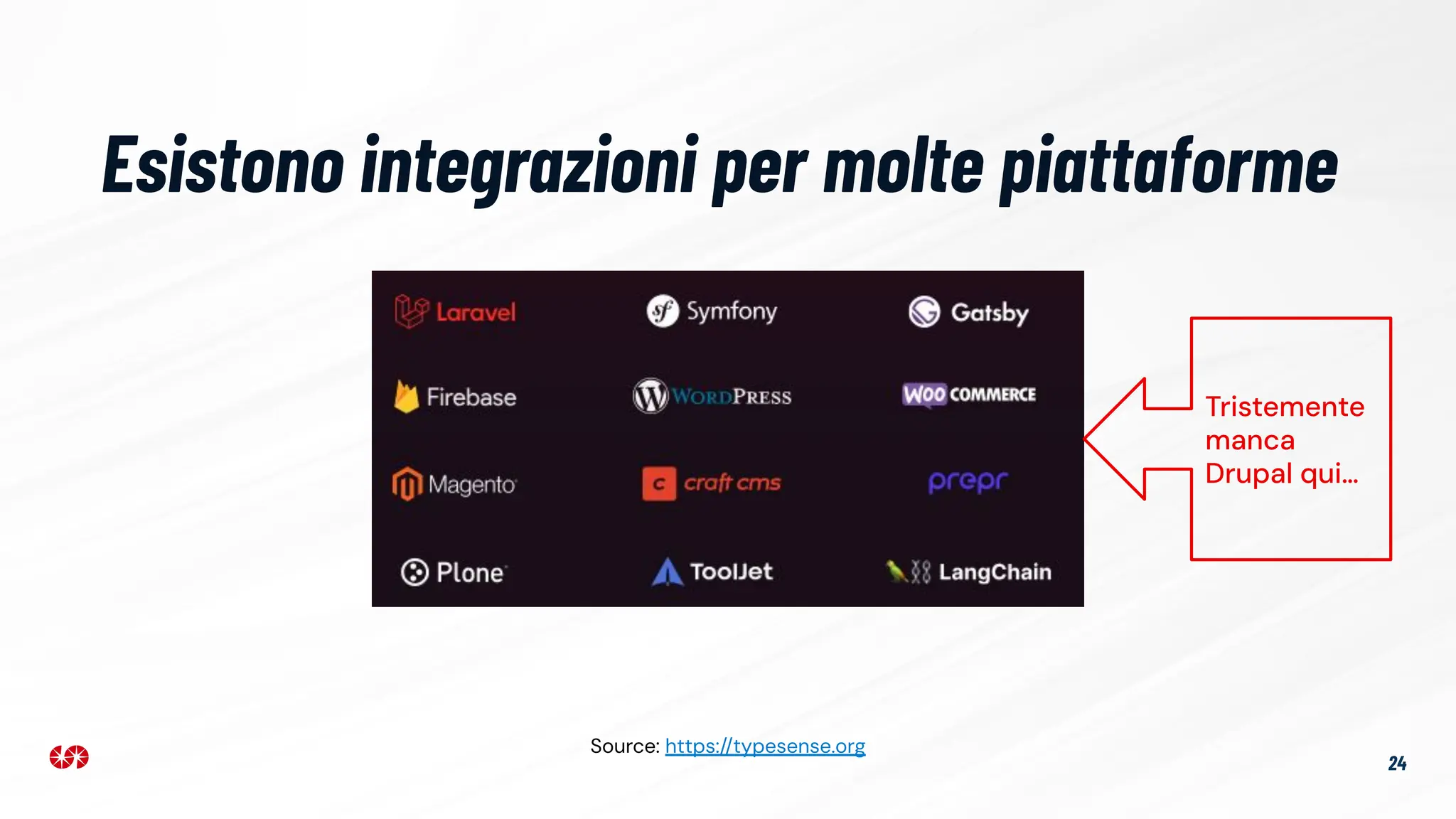 Esistono integrazioni per molte piattaforme
24
Source: https://typesense.org
Tristemente
manca
Drupal qui…
 