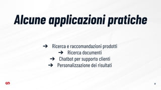 Alcune applicazioni pratiche
11
➔ Ricerca e raccomandazioni prodotti
➔ Ricerca documenti
➔ Chatbot per supporto clienti
➔ Personalizzazione dei risultati
 