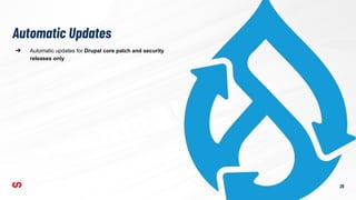 Automatic Updates
29
➔ Automatic updates for Drupal core patch and security
releases only
 