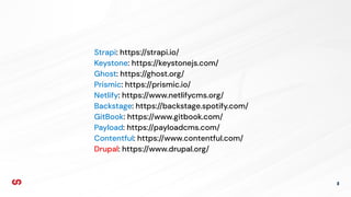 6
Strapi: https://strapi.io/
Keystone: https://keystonejs.com/
Ghost: https://ghost.org/
Prismic: https://prismic.io/
Netlify: https://www.netlifycms.org/
Backstage: https://backstage.spotify.com/
GitBook: https://www.gitbook.com/
Payload: https://payloadcms.com/
Contentful: https://www.contentful.com/
Drupal: https://www.drupal.org/
 