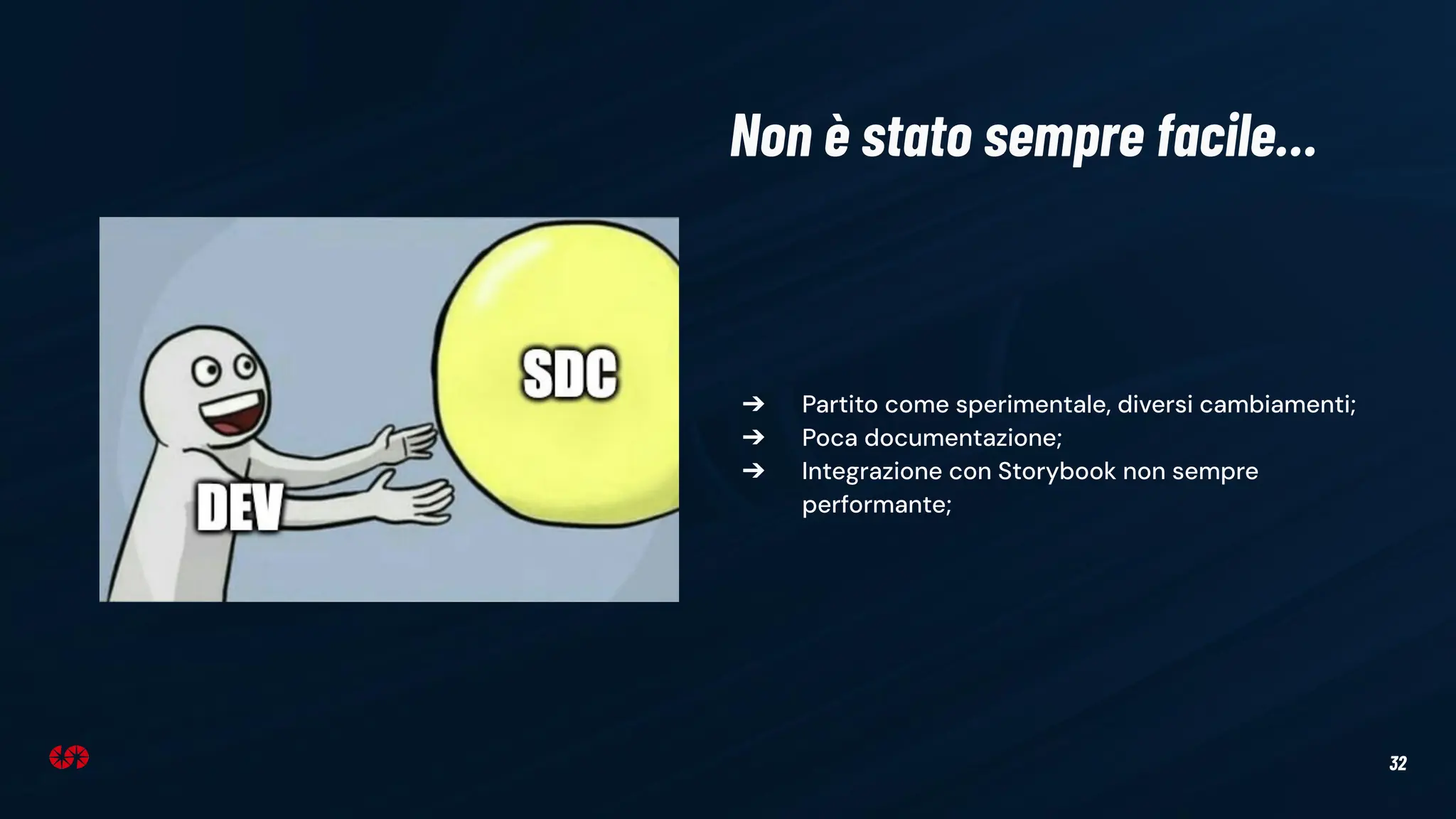 32
➔ Partito come sperimentale, diversi cambiamenti;
➔ Poca documentazione;
➔ Integrazione con Storybook non sempre
performante;
Non è stato sempre facile…
 