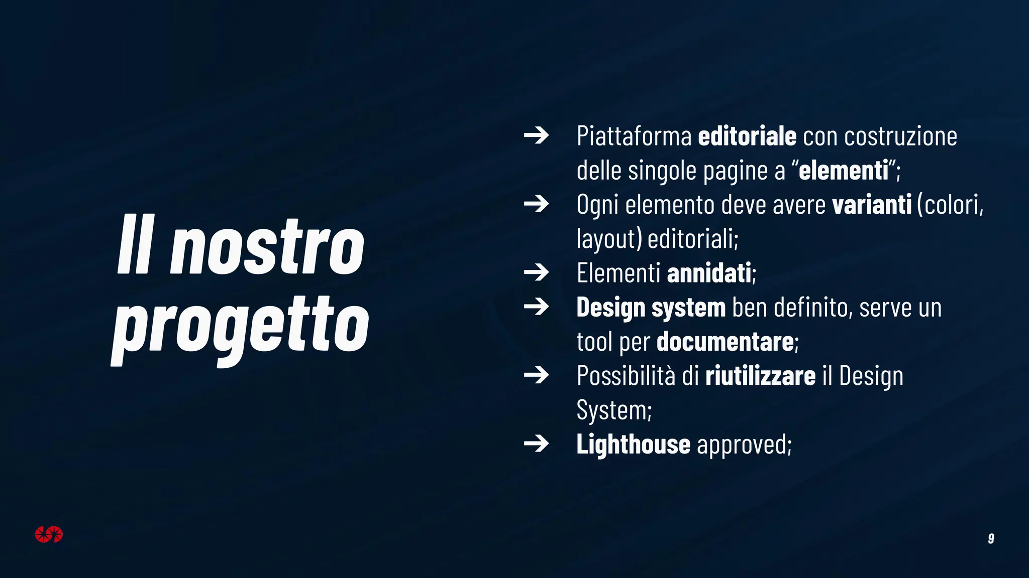 9
Il nostro
progetto
➔ Piattaforma editoriale con costruzione
delle singole pagine a “elementi”;
➔ Ogni elemento deve avere varianti (colori,
layout) editoriali;
➔ Elementi annidati;
➔ Design system ben deﬁnito, serve un
tool per documentare;
➔ Possibilità di riutilizzare il Design
System;
➔ Lighthouse approved;
 