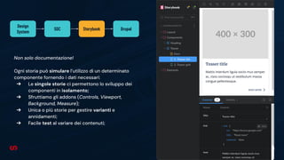 29
Non solo documentazione!
Ogni storia può simulare l’utilizzo di un determinato
componente fornendo i dati necessari:
➔ Le singole storie ci permettono lo sviluppo dei
componenti in isolamento;
➔ Sfruttiamo gli addons (Controls, Viewport,
Background, Measure);
➔ Unica o più storie per gestire varianti e
annidamenti;
➔ Facile test al variare dei contenuti;
Design
System
SDC Storybook Drupal
 