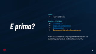6
E prima?
CORE
➔ Macro e librerie;
MODULI CONTRIB:
➔ UI Pattern 1.x;
➔ Single File components;
➔ Components!;
➔ Component Libraries: Components;
Avere SDC nel core di Drupal permetterà di avere un
supporto più ampio da parte della community!
 