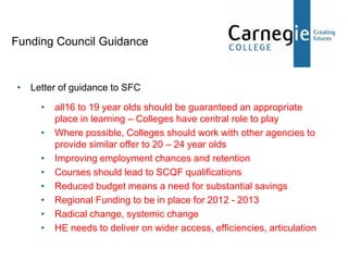 Funding Council Guidance


•   Letter of guidance to SFC

      •   all16 to 19 year olds should be guaranteed an appropriate
          place in learning – Colleges have central role to play
      •   Where possible, Colleges should work with other agencies to
          provide similar offer to 20 – 24 year olds
      •   Improving employment chances and retention
      •   Courses should lead to SCQF qualifications
      •   Reduced budget means a need for substantial savings
      •   Regional Funding to be in place for 2012 - 2013
      •   Radical change, systemic change
      •   HE needs to deliver on wider access, efficiencies, articulation
 