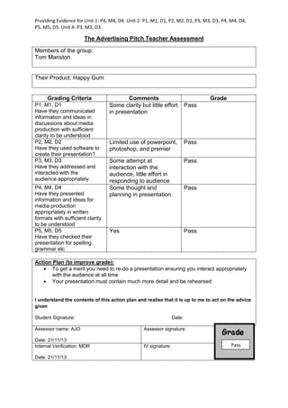 Providing Evidence for Unit 1: P4, M4, D4. Unit 2: P1, M1, D1, P2, M2, D2, P3, M3, D3, P4, M4, D4,
P5, M5, D5. Unit 4: P3, M3, D3.
The Advertising Pitch Teacher Assessment
Their Product: Happy Gum
Grading Criteria Comments Grade
P1, M1, D1
Have they communicated
information and ideas in
discussions about media
production with sufficient
clarity to be understood
Some clarity but little effort
in presentation
Pass
P2, M2, D2
Have they used software to
create their presentation?
Limited use of powerpoint,
photoshop, and premier
Pass
P3, M3, D3
Have they addressed and
interacted with the
audience appropriately
Some attempt at
interaction with the
audience, little effort in
responding to audience
Pass
P4, M4, D4
Have they presented
information and ideas for
media production
appropriately in written
formats with sufficient clarity
to be understood
Some thought and
planning in presentation.
Pass
P5, M5, D5
Have they checked their
presentation for spelling,
grammar etc
Yes Pass
Action Plan (to improve grade):
 To get a merit you need to re-do a presentation ensuring you interact appropriately
with the audience at all time
 Your presentation must contain much more detail and be rehearsed
I understand the contents of this action plan and realise that it is up to me to act on the advice
given
Student Signature: Date:
Assessor name: AJO
Date: 21/11/13
Assessor signature:
Internal Verification: MDR
Date: 21/11/13
IV signature:
Members of the group:
Tom Manston
Pass
 