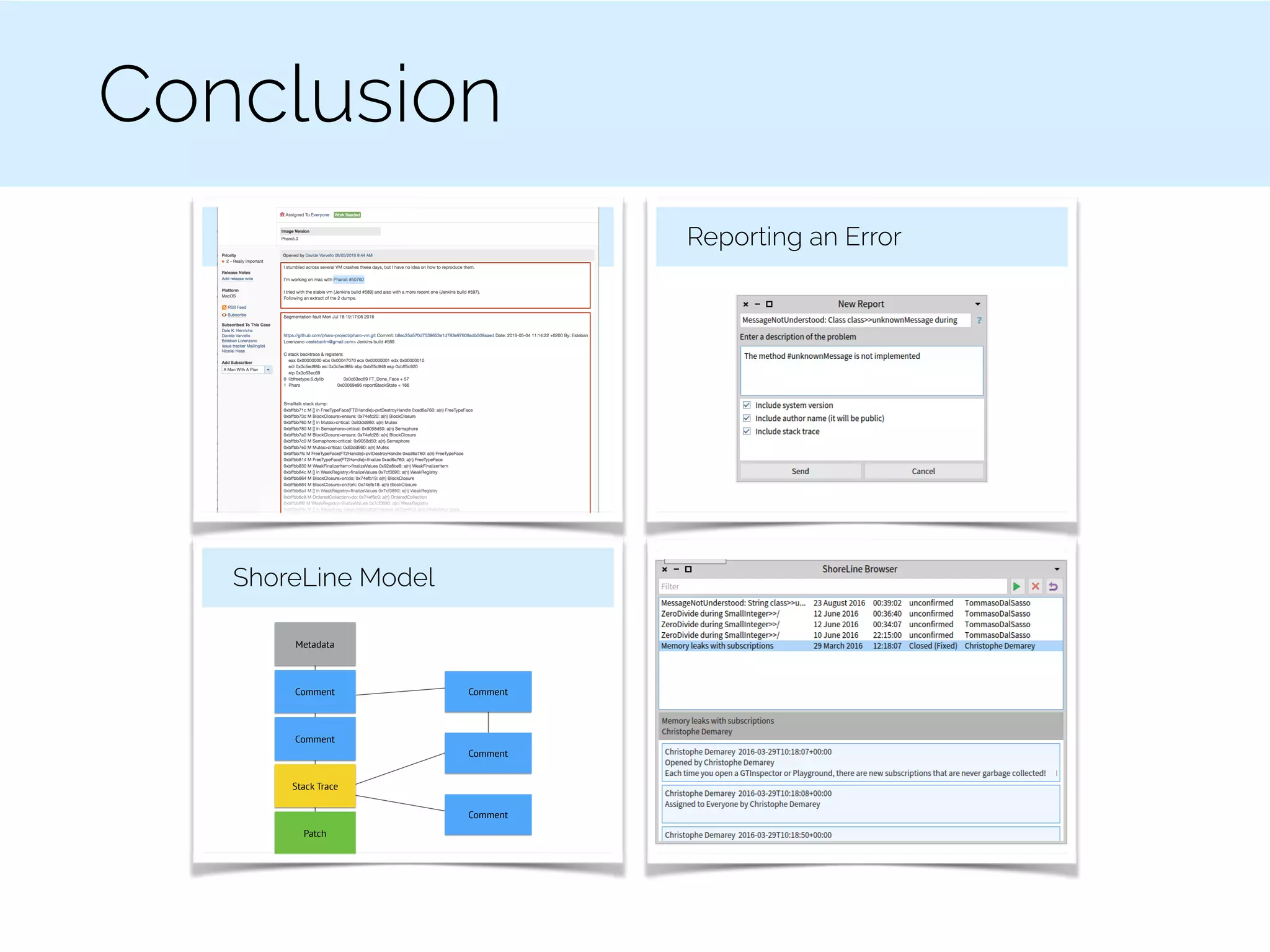 Conclusion
Bug Reports Reporting an Error
ShoreLine Model
Metadata
Comment
Comment
Stack Trace
Patch
Comment
Comment
Comment
 