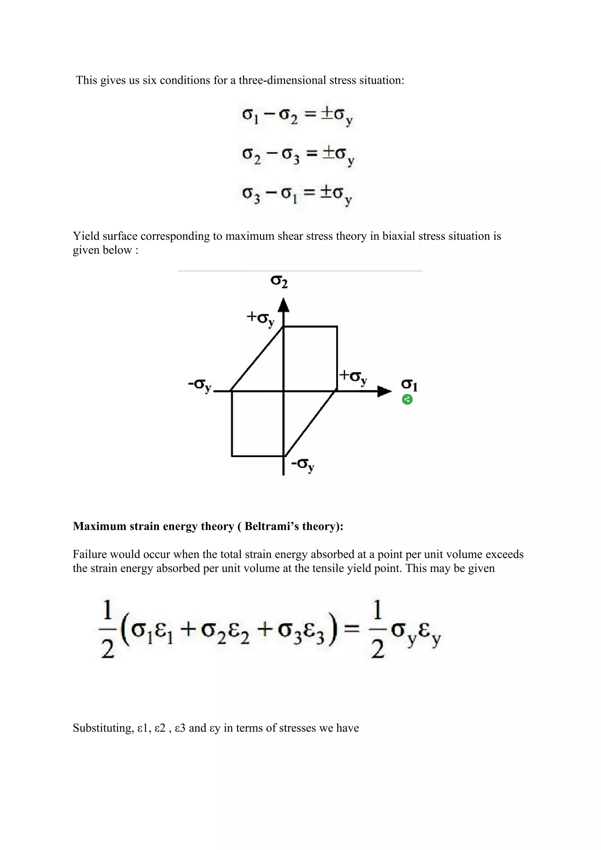 This gives us six conditions for a three-dimensional stress situation:
Yield surface corresponding to maximum shear stress theory in biaxial stress situation is
given below :
Maximum strain energy theory ( Beltrami’s theory):
Failure would occur when the total strain energy absorbed at a point per unit volume exceeds
the strain energy absorbed per unit volume at the tensile yield point. This may be given
Substituting, ε1, ε2 , ε3 and εy in terms of stresses we have
 