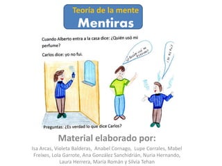 Teoría de la mente
Mentiras
Material elaborado por:
Isa Arcas, Violeta Balderas, Anabel Cornago, Lupe Corrales, Mabel
Freixes, Lola Garrote, Ana González Sanchidrián, Nuria Hernando,
Laura Herrera, María Román y Silvia Tehan
 