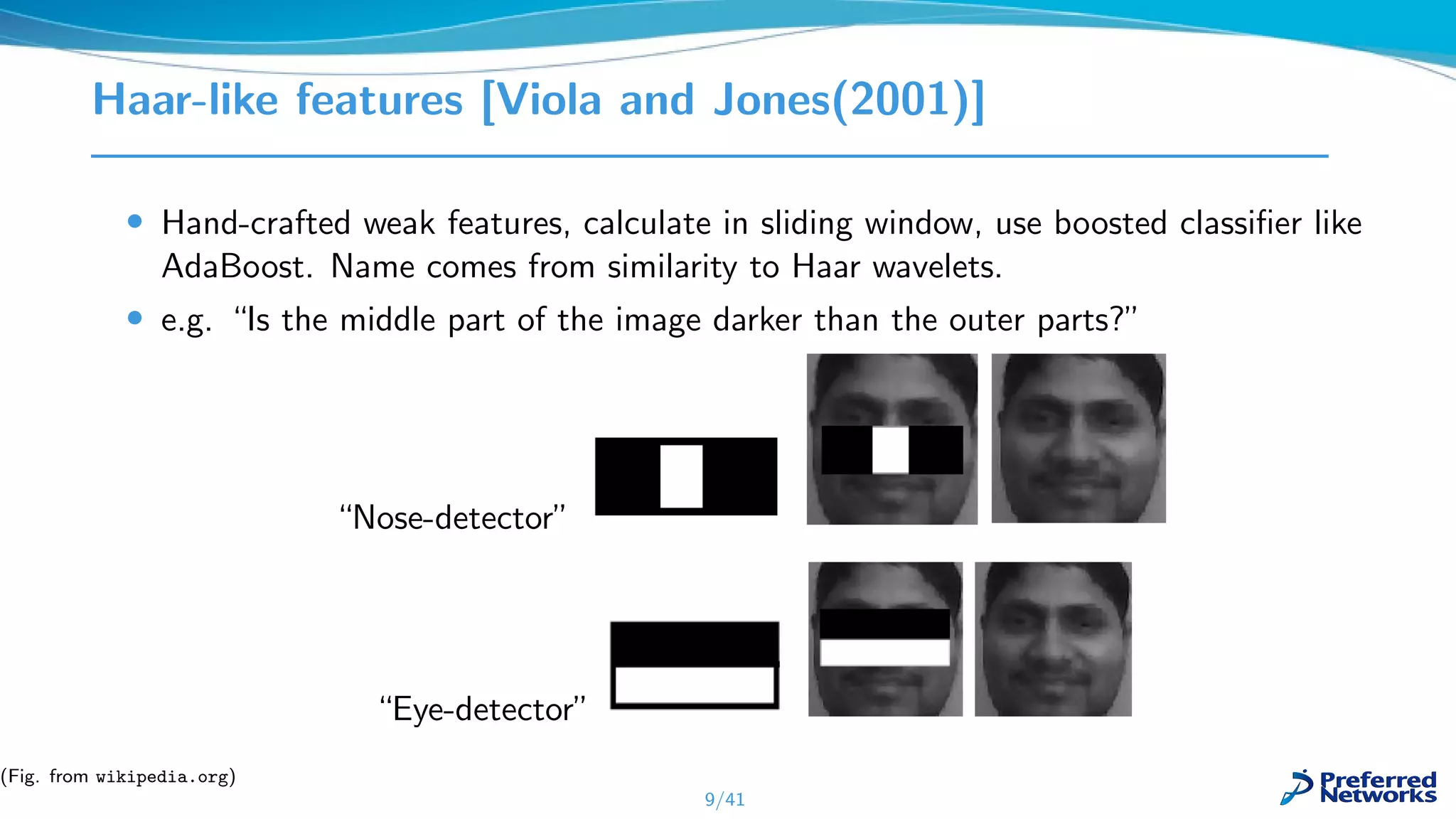 Haar-like features [Viola and Jones(2001)]
• Hand-crafted weak features, calculate in sliding window, use boosted classiﬁer like
AdaBoost. Name comes from similarity to Haar wavelets.
• e.g. “Is the middle part of the image darker than the outer parts?”
“Nose-detector”
“Eye-detector”
9/41
(Fig. from wikipedia.org)
 