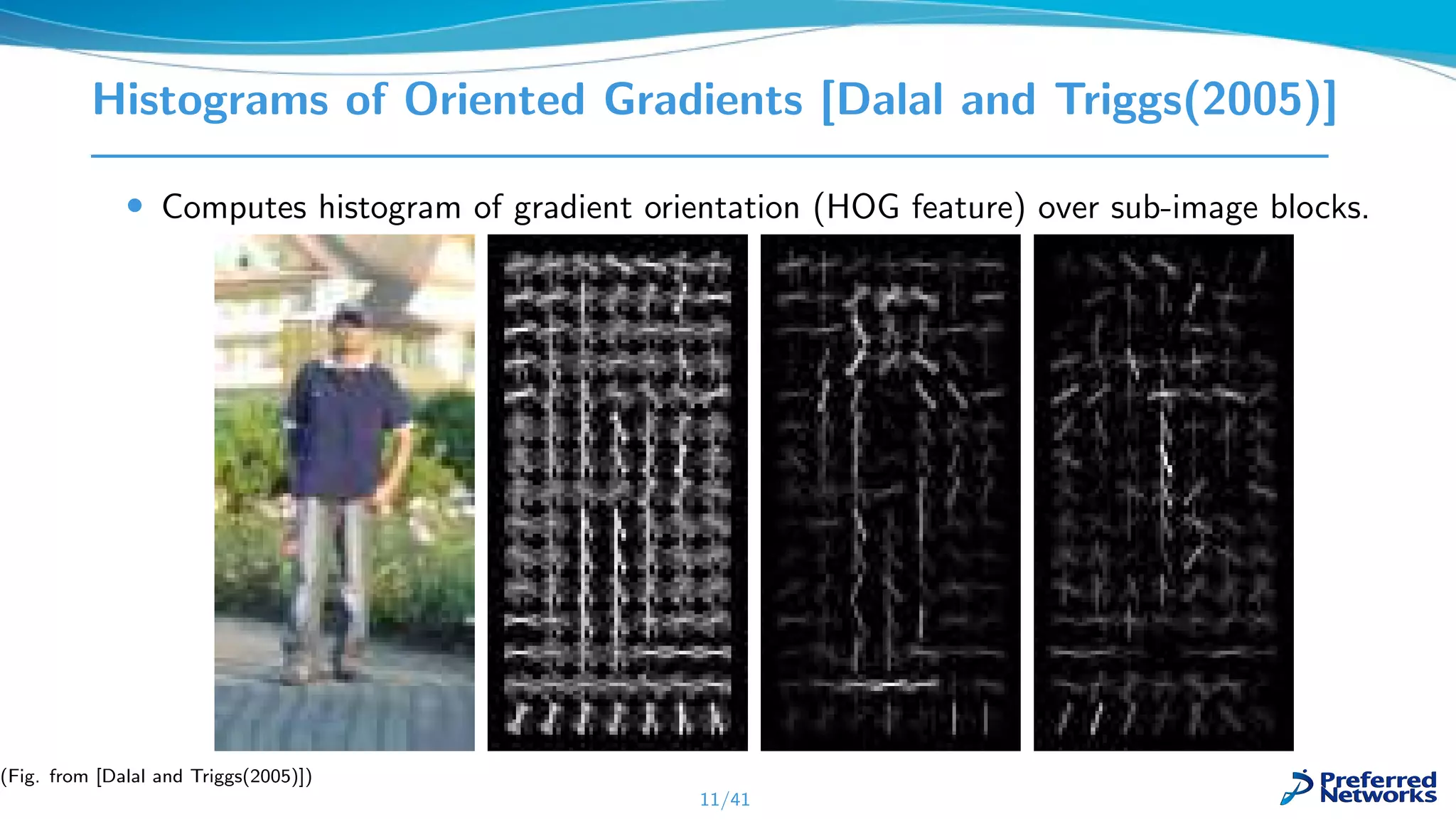 Histograms of Oriented Gradients [Dalal and Triggs(2005)]
• Computes histogram of gradient orientation (HOG feature) over sub-image blocks.
11/41
(Fig. from [Dalal and Triggs(2005)])
 