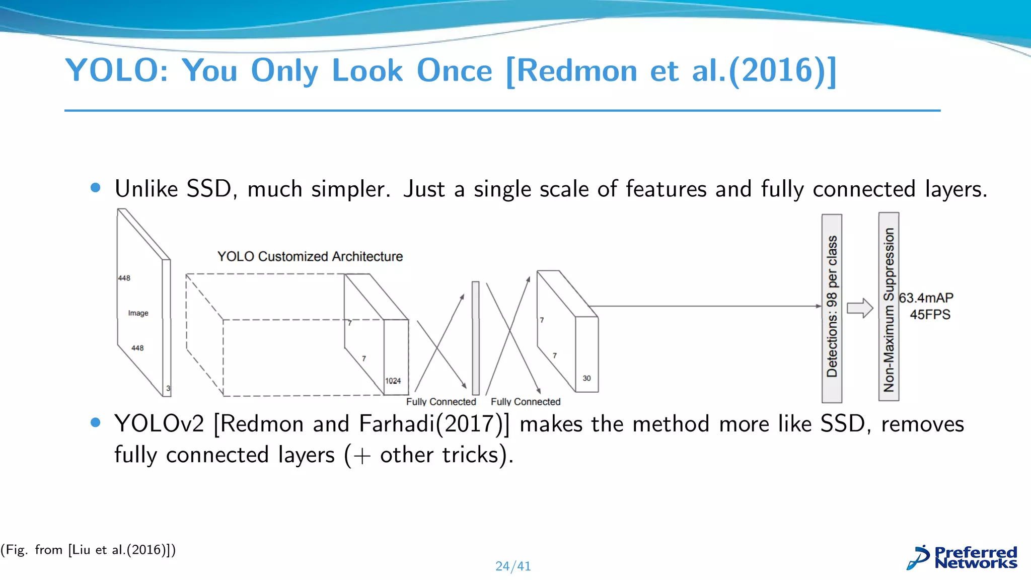 YOLO: You Only Look Once [Redmon et al.(2016)]
• Unlike SSD, much simpler. Just a single scale of features and fully connected layers.
• YOLOv2 [Redmon and Farhadi(2017)] makes the method more like SSD, removes
fully connected layers (+ other tricks).
24/41
(Fig. from [Liu et al.(2016)])
 