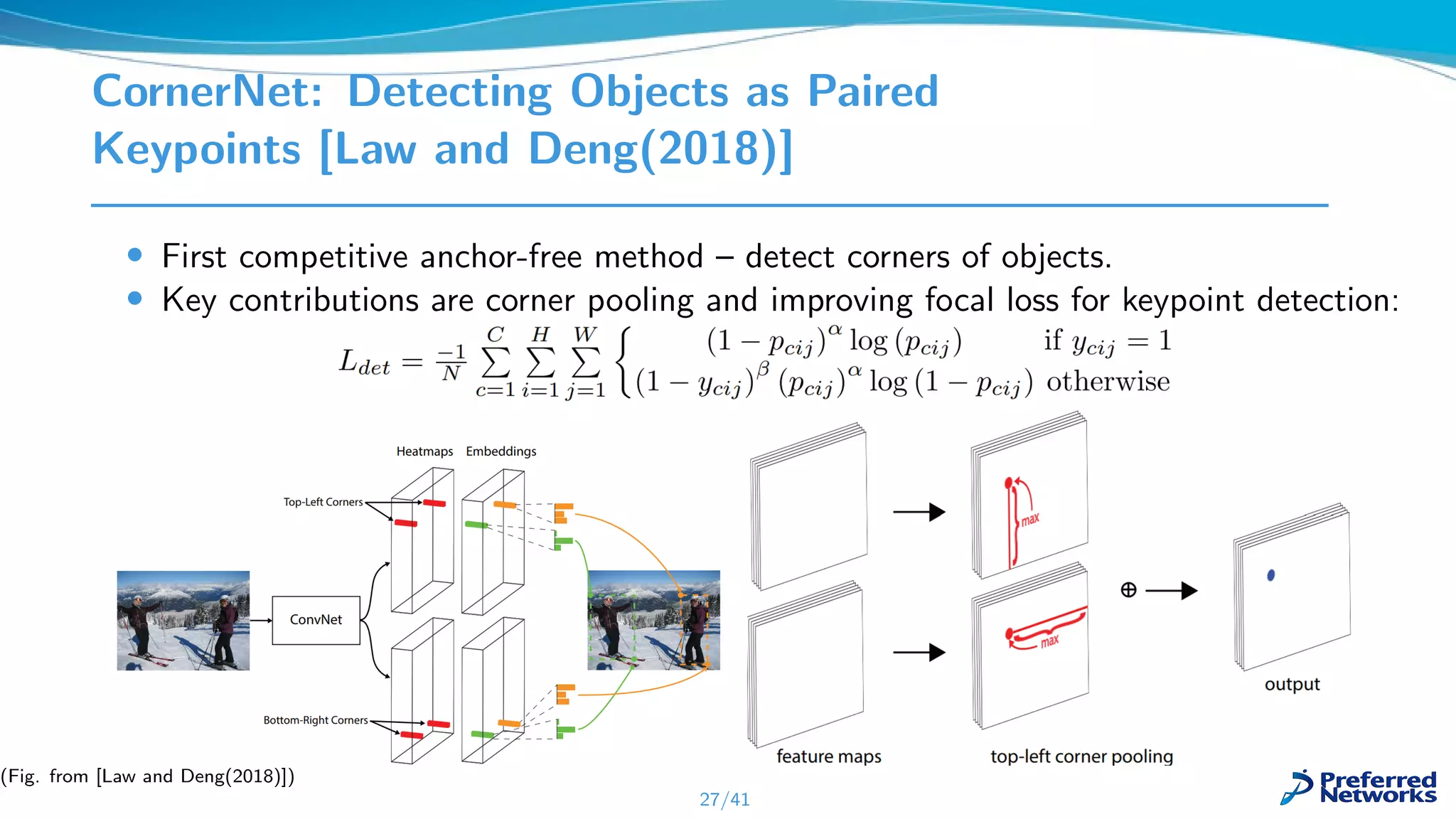 CornerNet: Detecting Objects as Paired
Keypoints [Law and Deng(2018)]
• First competitive anchor-free method – detect corners of objects.
• Key contributions are corner pooling and improving focal loss for keypoint detection:
27/41
(Fig. from [Law and Deng(2018)])
 