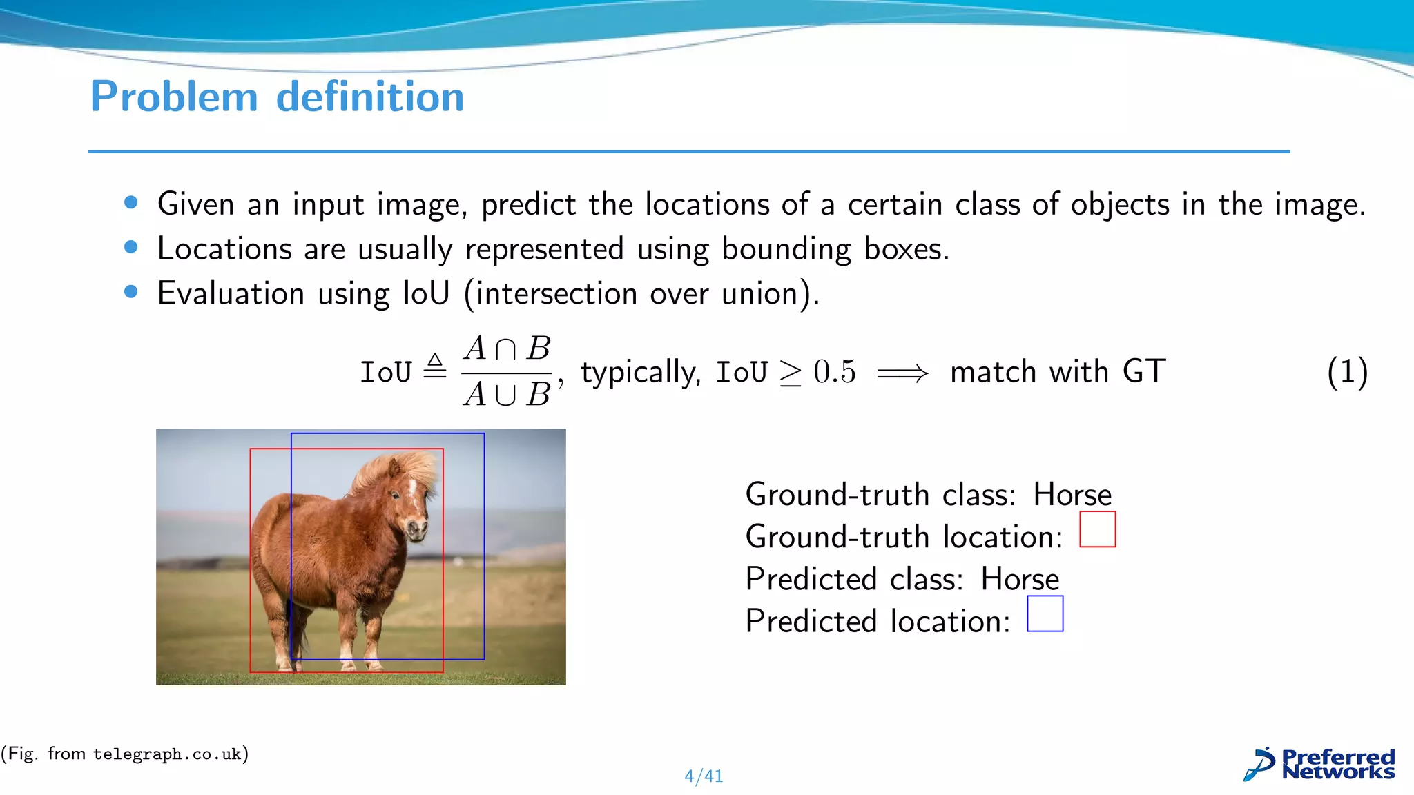 Problem deﬁnition
• Given an input image, predict the locations of a certain class of objects in the image.
• Locations are usually represented using bounding boxes.
• Evaluation using IoU (intersection over union).
IoU
A ∩ B
A ∪ B
, typically, IoU ≥ 0.5 =⇒ match with GT (1)
Ground-truth class: Horse
Ground-truth location:
Predicted class: Horse
Predicted location:
4/41
(Fig. from telegraph.co.uk)
 