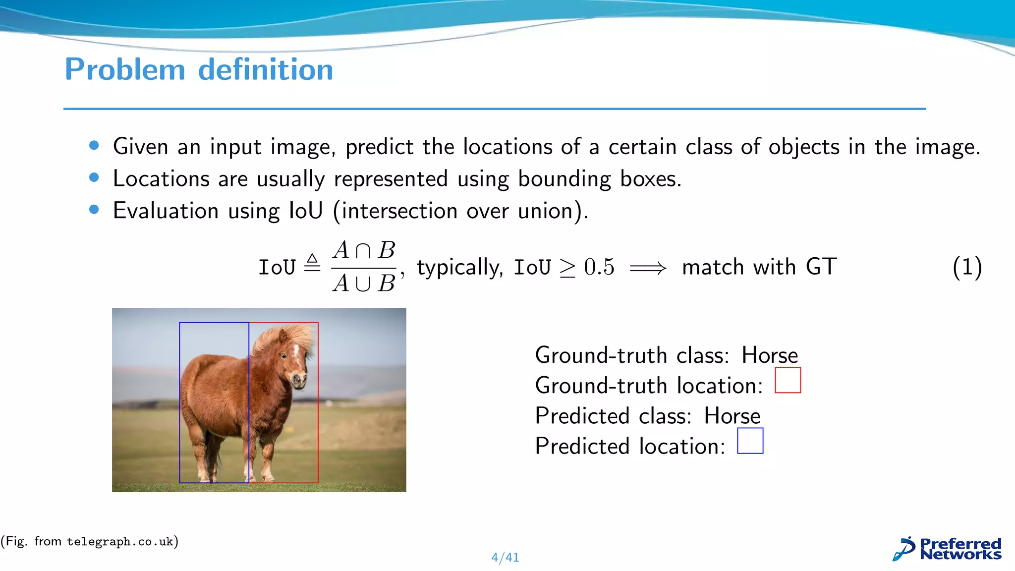Problem deﬁnition
• Given an input image, predict the locations of a certain class of objects in the image.
• Locations are usually represented using bounding boxes.
• Evaluation using IoU (intersection over union).
IoU
A ∩ B
A ∪ B
, typically, IoU ≥ 0.5 =⇒ match with GT (1)
Ground-truth class: Horse
Ground-truth location:
Predicted class: Horse
Predicted location:
4/41
(Fig. from telegraph.co.uk)
 