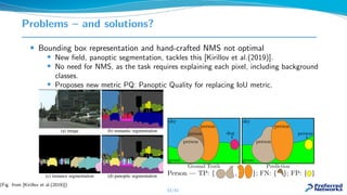 Problems – and solutions?
• Bounding box representation and hand-crafted NMS not optimal
• New ﬁeld, panoptic segmentation...