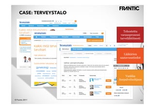 CASE: TERVEYSTALO


                           Tehostettu
                         varausprosessi
                         tarvelähtöisesti




                           Lääkärien
                        saatavuustiedot




                             Vankka
                        itsepalveluohjaus




© Frantic 2011                          12
 