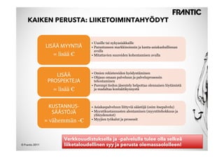 KAIKEN PERUSTA: LIIKETOIMINTAHYÖDYT


                                    •  Uusille tai nykyasiakkaille
                 LISÄÄ MYYNTIÄ      •  Parantuneen markkinoinnin ja kanta-asiakashallinnan
                                       avulla
                    = lisää €       •  Mitattavien suureiden kohentamisen avulla




                                    •  Omien rekistereiden hyödyntäminen
                     LISÄÄ          •  Ohjaus omaan palveluun ja palveluprosessin
                  PROSPEKTEJA          tehostaminen
                                    •  Parempi tiedon jäsentely helpottaa olennaisen löytämistä
                    = lisää €          ja madaltaa kontaktikynnystä




                  KUSTANNUS-        •  Asiakaspalveluun liittyviä säästöjä (esim itsepalvelu)
                   SÄÄSTÖJÄ         •  Myyntikustannusten alentaminen (myyntitehokkuus ja
                                       yhteydenotot)
                 = vähemmän -€      •  Myyjien työkalut ja prosessit




                        Verkkouudistuksella ja –palvelulla tulee olla selkeä
© Frantic 2011          liiketaloudellinen syy ja perusta olemassaololleen!
 