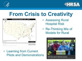 From Crisis to Creativity
• Assessing Rural
Hospital Risk
• Re-Thinking Mix of
Models for Rural
• Learning from Current
Pilots and Demonstrations
 