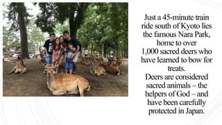 Just a 45-minute train
ride south of Kyoto lies
the famous Nara Park,
home to over
1,000 sacred deers who
have learned to bow for
treats.
Deers are considered
sacred animals – the
helpers of God – and
have been carefully
protected in Japan.
 
