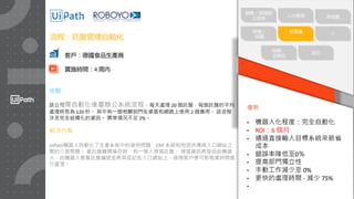 16
優勢
• 機器人化程度：完全自動化
• ROI：6 個月
• 通過直接輸入目標系統來節省
成本
• 錯誤率降低至0％
• 提高部門獨立性
• 手動工作減少至 0%
• 更快的處理時間 - 減少 75%
•
挑戰
該公司需自動化後臺辦公系統流程，每天處理 20 個託盤，每個託盤的平均
處理時長為 120 秒。 其中有一個相關部門在桌面和網路上使用 2 個應用。 該流程
涉及完全結構化的資訊。 異常情況不足 2%。
解决方案
UiPath機器人自動化了生產系統中的貨物問題、ERP 系統和物流供應商入口網站之
間的介面問題。 當託盤離開庫存時，有一個人掃描託盤。 掃描資訊將發送給機器
人，由機器人查看託盤編號並將其登記在入口網站上，這樣客戶便可對租賃時間進
行處理。
客戶：德國食品生產商
實施時間：4 周內
供應鏈
销售／前端办
公系统
人力資源 房地產
IT
稅務、
合規性
其它
流程：託盤管理自動化
財會／
採購
銷售／前端辦
公系統
 