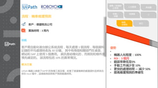 17
優勢
•
• 機器人化程度：100%
• ROI：3 個月
• 錯誤率降低至0%
• 手動工作減少至 10%
• 更快的處理時間 — 減少 50%
• 提高維護預測的準確性
挑戰
客戶需自動化後台辦公系統流程，每天處理 1 個流程，每個資料
記錄的平均處理時長為 30 分鐘。 其中有兩個相關部門在桌面、
網站和 SAP 上使用 5 個應用。 資訊是結構化的，而規則和條件是
預先確定的。 該流程包括 10% 的異常情況。
解决方案
UiPath 機器人檢查了SAP中 的各種工具及檔，收集了貨運機車的維護資料並將其合
併在 Excel 檔中，這樣能夠説明客戶預測維護時間。
客戶：德國物流公司
實施時間：3 周內
供應鏈
銷售／前端辦
公系統
人力資源 房地產
IT
稅務、
合規性
其它
流程：機車維護預測
財會／
採購
 