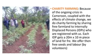 • CHARITY FARMING: Because
of the ongoing crisis in
Cameroon, coupled with the
effects of climate change, we
do charity farming by sharing
free farmland to Internally
Displaced Persons (IDPs) who
are registered with us. Each
IDP gets a 20m x 10 m piece
of land for fre. We offer then
free seeds and labour (by
volunteers)
 