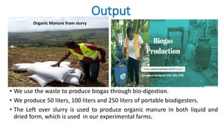 Output
• We use the waste to produce biogas through bio-digestion.
• We produce 50 liters, 100 liters and 250 liters of portable biodigesters.
• The Left over slurry is used to produce organic manure in both liquid and
dried form, which is used in our experimental farms.
Organic Manure from slurry
 