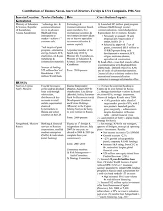 Contributions of Thomas Nastas, Board of Directors, Foreign & USA Companies, 1986-Now

Investee/Location Product/Industry                Role                          Contributions/Impacts
Kazakhstan
Ministry of Education   Technology dev. &         Technology &                  1). Launched $85 million grant program
& Science, Republic     commercialization:        Commercialization Board,      to finance R&D through product
of Kazakhstan,          invest to advance         seven members, five           commercialization, established policies
Astana, Kazakhstan      R&D and bring             international scientists &    & procedures for investment. Results:
                        innovations to            two venture investors (I am         Personally evaluated 178 tech
                        market—achieve 1st        one of the two specialists           proposals (367 received) in 1st
                        customer sale.            in commercialization &               tender, held in 2011
                                                  venture capital)                    Selected & approved 1st set of
                        Tech targets of grant                                          grants, committed $10.5 million to
                        program—alternative       Appointed member of the              10 R&D groups doing tech
                        energy, biotech, ICT,     Board, July 2010 by                  development in nanotech, ICT,
                        electronics, oil & gas,   Minister Zh. Tuymabayev,             oil/gas, medicine-pharma,
                        metallurgy &              Ministry of Education &              agriculture & construction
                        construction materials    Science, Government of        2). Lead effort, create tech transfer office
                                                  Kazakhstan                    to commercialize tech developed from
                        Sources of funding:                                     grants made. Defined objectives, KPIs
                        $75 million-Gov’t of      Term: 2010-present            and all tasks of tech transfer operation.
                        Kazakhstan + $10                                        Created all docs to initiate tender to hire
                        million-World Bank                                      international commercialization
                                                                                contractor to manage tech transfer office
RUSSIA
Suntyco, Cyprus         Food & beverages:         Elected Independent           1). Oversee the corporate holding in
Sunty, Moscow           coffee and tea product    Director, August 2009 by      Cyprus & its joint venture in Russia
                        lines sold through        shareholders: Tata Group      2). Manage shareholder relations & Board
                        wholesalers,              (Mumbai, India), European     decisions-KPIs, strategy, investment,
                        distributors & key        Bank for Reconstruction &     finance & budgets. Results since 2009:
                        accounts to retail        Development (London)                +14% growth in sales, ahead of
                        outlets, supermarket      and Celeste Holdings                  target market growth of 8%, with 2
                        chains &                  (Moscow) to the Cyprus                new products launched; profits
                        hypermarkets in           holding Suntyco & Sunty,              grew marginally – achievements
                        Russia and select         its joint venture in Russia           despite devaluation in Russian
                        countries in the CIS                                            ruble – global financial crisis
                                                  Term: 2009-present            3). Lead creation of Sunty’s digital media
                                                                                strategy for Russia
Sotsgorbank, Moscow     Banking & financial       Elected as 1st foreign &      1). Set strategy, KPIs for top managers,
Russia                  services to Russian       independent director, July    approve all budgets, strategic & operating
                        corporations, small &     2007 for one year, re-        plans + investment. Results:
                        medium enterprises        elected in 2008 & 2009 (to          Net income increase of 2x-$34MM
                        (SMEs) & individuals      complete three year                 Growth in assets +22%
                        (retail banking)          commitment)                         +27% growth in loan portfolio
                                                                                       (retail, corporate & SME lending)
                                                  Term: 2007-2010                     Increase S&P rating, from CCC to
                                                                                       B-, maintained despite global
                                                  Committee member:                    financial crisis
                                                  1) Risk Management—                 $20 million new equity raised from
                                                     Audit Committee                   Firebird Investors (USA)
                                                  2) Strategy Committee         2). Secured 10 year-$10 million loan
                                                                                from US lender World Business Capital
                                                                                with an OPIC (US Gov’t insurance
                                                                                agency) guarantee to initiate SME lending
                                                                                program in Russia-a real achievement for
                                                                                a mid-size bank ranked #173 in assets
                                                                                      Mgt increased SME loan volume
                                                                                        4x with this new financing
                                                                                3). Secured $12 million equity investment
                                                                                offer from Renaissance Capital
                                                                                (Moscow), Feb. 2008, of 5,800
                                                                                rubles/share, a 30% increase in valuation
                                                                                just seven (7) months from Sotsgorbank’s
                                                                                1st equity financing, Aug. 2007
 