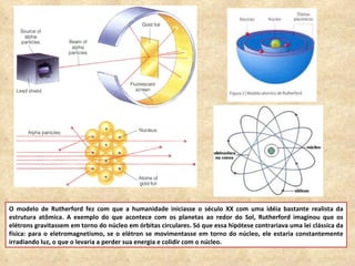 O modelo de Rutherford fez com que a humanidade iniciasse o século XX com uma idéia bastante realista da estrutura atômica. A exemplo do que acontece com os planetas ao redor do Sol, Rutherford imaginou que os elétrons gravitassem em torno do núcleo em órbitas circulares. Só que essa hipótese contrariava uma lei clássica da física: para o eletromagnetismo, se o elétron se movimentasse em torno do núcleo, ele estaria constantemente irradiando luz, o que o levaria a perder sua energia e colidir com o núcleo.  