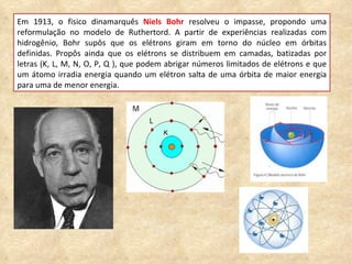 Em 1913, o fisico dinamarquês  Niels Bohr  resolveu o impasse, propondo uma reformulação no modelo de Ruthertord. A partir de experiências realizadas com hidrogênio, Bohr supôs que os elétrons giram em torno do núcleo em órbitas definidas. Propôs ainda que os elétrons se distribuem em camadas, batizadas por letras (K, L, M, N, O, P, Q ), que podem abrigar números limitados de elétrons e que um átomo irradia energia quando um elétron salta de uma órbita de maior energia para uma de menor energia.  