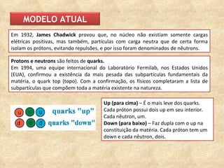 Em 1932,  James Chadwick  provou que, no núcleo não existiam somente cargas elétricas positivas, mas também, partículas com carga neutra que de certa forma isolam os prótons, evitando repulsões, e por isso foram denominados de nêutrons. Protons e neutrons  são feitos de  quarks.   Em 1994, uma equipe internacional do Laboratório Fermilab, nos Estados Unidos (EUA), confirmou a existência da mais pesada das subpartículas fundamentais da matéria, o quark top (topo). Com a confirmação, os físicos completaram a lista de subpartículas que compõem toda a matéria existente na natureza. Up (para cima)  – É o mais leve dos quarks. Cada próton possui dois up em seu interior. Cada nêutron, um. Down (para baixo)  – Faz dupla com o up na constituição da matéria. Cada próton tem um down e cada nêutron, dois. MODELO ATUAL 
