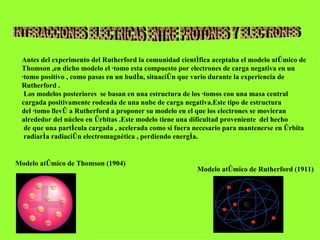 INTERACCIONES ELECTRICAS ENTRE PROTONES Y ELECTRONES Antes del experimento del Rutherford la comunidad científica aceptaba el modelo atómico de  Thomson ,en dicho modelo el átomo esta compuesto por electrones de carga negativa en un  átomo positivo , como pasas en un budín, situación que vario durante la experiencia de Rutherford . Los modelos posteriores  se basan en una estructura de los átomos con una masa central  cargada positivamente rodeada de una nube de carga negativa.Este tipo de estructura del átomo llevó a Rutherford a proponer su modelo en el que los electrones se movieran  alrededor del núcleo en órbitas .Este modelo tiene una dificultad proveniente  del hecho de que una partícula cargada , acelerada como si fuera necesario para mantenerse en órbita radiaría radiación electromagnética , perdiendo energía. Modelo atómico de Rutherford (1911) Modelo atómico de Thomson (1904) 