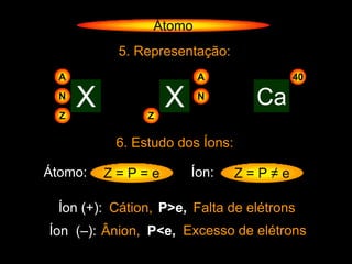 Átomo
           5. Representação:
  A                      A               40
  N
  Z
      X         Z
                    X    N
                                   Ca
           6. Estudo dos Íons:

Átomo:    Z=P=e         Íon:     Z=P≠e

  Íon (+): Cátion, P>e, Falta de elétrons
Íon (–): Ânion, P<e, Excesso de elétrons
 