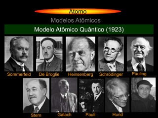 Átomo
                   Modelos Atômicos
             Modelo Atômico Quântico (1923)




Sommerfeld    De Broglie   Heinsenberg    Schrödinger   Pauling




         Stern         Galach     Pauli         Hund
 