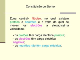 Constituição do átomo 
Zona central- Núcleo, no qual existem 
protões e neutrões e à volta do qual se 
movem os electrões a elevadíssima 
velocidade. 
- os protões têm carga eléctrica positiva; 
- os electrões têm carga eléctrica 
negativa; 
- os neutrões não têm carga eléctrica. 
 