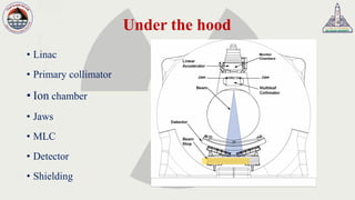 Under the hood
• Linac
• Primary collimator
• Ion chamber
• Jaws
• MLC
• Detector
• Shielding
Monitor
Chambers
 