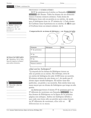 Nombre                                                                                                                                                                       Curso                                                                             Fecha

   SECCIÓN 2                              El Átomo continuación

                                                                                                                  PROTONES Y NÚMERO ATÓMICO
                                                                                                                     El Nº de protones en el núcleo es llamado el número
                                                                                                                  atómico del Átomo. Todos los átomos de un elemento
                                                                                                                  tienen el mismo número atómico. Cada átomo de
                                                                                                                  Hidrógeno tiene solo un protón en su núcleo, de modo
                                                                                                                  que el hidrógeno tiene un Nº atómico de 1. Cada átomo
               Comprensión lectora
                                                                                                                  de Carbono tiene 6 protones en su núcleo, de modo que
9. Deﬁne ¿ Q u é t e
                                                                                                                  el Carbono tiene un número atómico de 6.
sugiere el Nº
atómico de un
átomo?                                                                                                              Comparación de un átomo de hidrógeno y un Átomo de helio
                                                                                                                                                                                                                                                                                             Electrón
                                                                                                                                                                                                                                                    Electrón

                                                                                                                                                                                                                                                                          Protones
                                                                                                                                                                                                                       Protón



                                                                                                                                                                                                                                                                                     Neutrones


                                                                                                                                                                                                                                                               Electrón


                                                                                                                           Elemento                                                                      Hidrógeno                                             Helio
                                                                                                                           Nº de protones

                                                                                                                           Nº de
                                                                                                                           neutrones
ECHA UN VISTAZO
10. Identifica En la tabla,                                                                                                Nº de
llena los espacios en blanco                                                                                               electrones
para ambos elementos.                                                                                                      Número atómico


                                                                                                                  ¿Qué son los Isótopos?
                                                                                                                   La mayoría de los átomos de Hidrógeno tienen un
                                                                                                                  sólo un protón en su núcleo. Sin embargo, cerca de
                                                                                                                  un núcleo de hidrógeno de cada 10.000 tiene un neutrón.
                                                                                                                  El número atómico de este átomo es 1, de modo que él
                                                                                                                  átomo sigue siendo hidrógeno. El núcleo tiene dos
               Comprensión lectora                                                                                partículas, un protón y un neutrón. Este núcleo tiene una
11. Describe ¿Qué son                                                                                             masa mayor que un átomo de hidrógeno que tenga un sólo
los isótopos?
                                                                                                                  protón.
                                                                                                                     Los	
  átomos	
  que tienen el mismo Nº de protones pero un
                                                                                                                  Nº diferente de neutrones son llamados isótopos. Los
                                                                                                                  dos átomos de Hidrógenos en la figura de la próxima
                                                                                                                  página son isótopos. Ambos son hidrógeno debido a
                                                                                                                  que cada uno tiene sólo un protón; pero como tienen
                                                                                                                  un Nº diferente de neutrones, ellos sólo se
                                                                                                                  diferencian en su masa.


Prof.:	
  Gustavo	
  Toledo	
  Contreras,	
  Depto.	
  de	
  Ciencias,	
  SFCollege,	
  2013	
  	
  	
  	
  	
  	
  	
  	
  	
  	
  	
  	
  	
  	
  	
  	
  	
  	
  	
  	
  	
  	
  	
  	
  	
  	
  	
  	
  	
  	
  	
  	
  	
  	
  	
  	
  	
  4                   Introducción al Átomo
 
