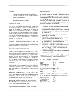 Tuberías                                                                                                                                                                                                                      Tuberías




                                                                                                                      Premium                                                  Grasa para roscas

                                                                                                                              Ventaja: Enrosque fácil, sello hermético,        De acuerdo con el API (Bul 5A2), se debe utilizar un
                                                                                                                              apriete controlado, mayor resistencia a los      elemento graso para generar una buena conexión
                                                                                                                              esfuerzos triaxiales.                            entre los elementos piñón y caja. Por lo que es ne-
                                                                                                                                                                               cesario agregar un componente graso al piñón de
                                                                                                                              Desventaja: costo elevado.                       una junta para mejorar el apriete y garantizar la
                                                                                                                                                                               hermeticidad. Las características que debe tener este
                                                                                                                      Eficiencia de juntas                                     elemento graso son las siguientes:

                                                                                                                      Una forma directa de dimensionar la capacidad            1. Cualidades de lubricación adecuada para pre-
                                                                                                                      de resistencia de una junta se ha establecido me-           venir el desgarre de las roscas.
                                                                                                                      diante el concepto de eficiencia de la junta. Se         2. Ninguna tendencia a desintegrarse ni observar
                                                                                                                      define como un número expresado en porcentaje               cambios radicales de volumen a temperaturas
                                                                                                                      de resistencia, generalmente a la tensión, respec-          de hasta 300° F.
                                                                                                                      to a la resistencia a la tensión del cuerpo del tubo.    3. No comportarse excesivamente fluida a tem-
                                                                                                                      Esto quiere decir que una junta con 100% de efi-            peraturas de hasta 300° F .
                                                                                                                      ciencia tiene una resistencia similar o mayor a la       4. Propiedades de sello suficientes para prevenir
                                                                                                                      tubería. De otra forma:                                     fugas a temperaturas de hasta 300° F.
                                                                                                                                                                               5. No secarse, endurecerse, evaporarse u oxidar-
                                                                                                                      Eficiencia =Tensión en Junta / Tensión en Tubo*100          se cambiando sus propiedades físicas .
                                                                                                                                                                               6. Resistencia a la absorción de agua.
                                                                                                                      La resistencia a la tensión debe ser expresada a la      7. Suficiente capacidad para rellenar micro-
                                                                                                                      mínima cedencia en ambos casos.                             huecos y prevenir fugas en roscas redondas
                                                                                                                                                                                  API para casing y tubing bajo presiones tan
                                                                                                                      Juntas para tubería de perforación.                         altas como 10000 psi.
                                                                                                                                                                               8. Debe ser fácilmente aplicable con brocha a las
                                                                                                                      Las conexiones en tuberías de perforación gene-             roscas en clima frío.
                                                                                                                      ralmente son del tipo recalcado, debido a que son
                                                                                                                      sometidas como sartas de trabajo, a grandes es-          Las grasas se identifican como “Thread Compound”
                                                                                                                      fuerzos durante las operaciones de perforación.          y se clasifican por sus componentes básicos:
                                                                                                                      Por esto deben observar una mayor resistencia
                                                                                                                      ante las cargas impuestas. A continuación se men-        SILICONE THREAD COMPOUND
                                                                                                                      cionan las juntas para tuberías de perforación más
                                                                                                                      comunes:                                                 Sólidos                64%         En peso
       Figura 79 Método de Goins                                                                                                                                               Grasa                  20%             “
                                                                                                                                                                               Silicones sólidos      03%             “
                                                                                                                      IEU (Internal-Extremal Upset): Este tipo de juntas
centradores en una sarta de TRs es el aspecto me-                                                                                                                              Silicones fluidos      03%             “
                                                          El procedimiento de cálculo para obtener la distribu-       tiene un diámetro mayor que el del cuerpo del
cánico de la relación tubo-centrador y su resisten-       ción óptima de centradores se realiza mediante un           tubo y un diámetro interno menor que el cuerpo           MODIFIED THREAD COMPOUND
cia a las cargas impuestas por el contacto entre tubo-    proceso iterativo. El cálculo por ensayo y error con-       del tubo.                                                Sólidos           64%    En peso
tubo o tubo-agujero. Y no obedece a un aspecto            siste en suponer un determinado espaciamiento de                                                                     Grasa             36%       “
hidráulico como aparentemente se piensa, debido           los centradores (comprendiendo entre dos puntos del         IF (Internal Flush): Este tipo de junta tiene un diá-
al objetivo que tienen los centradores.                   registro giroscópico). Después se calcula la carga la-      metro interno aproximadamente igual al del tubo y        El 64% en peso de sólidos en ambos casos debe
                                                          teral ejercida sobre el centrador. Esta carga se compa-     el diámetro externo mayor que el tubo, ya que es         ser un compuesto de las siguientes proporciones:
Para diseñar el espaciamiento óptimo de centradores       ra con la fuerza restauradora del centrador. Si el resul-   en este diámetro donde está el esfuerzo.                 Polvo de grafito       18%
en las tuberías, es necesario calcular la carga lateral   tado no es satisfactorio deberá suponerse otro                                                                       Polvo de plomo         31%
o de arrastre efectiva (ver análisis de torque y arras-   espaciamientode repetir el procedimiento.                   IU (Internal Upset): Este tipo de junta tiene un         Polvo de zinc          12%
tre) utilizando el criterio de la severidad de la pata                                                                diámetro interno menor que el del tubo y un diá-         Hojuelas de cobre      03%
de perro de Lubinski y considerando los cambios           Para mantener a la tubería alejada de la pared del          metro externo casi igual al del tubo.
de curvatura en el agujero, así como el efecto de         pozo, la fuerza ejercida por un centrador contra el
flotación sobre el peso de la tubería.                    agujero es la fuerza restauradora.                          Estas juntas están diseñadas para trabajar en tensión.


84                                                                                                                                                                                                                             21
 