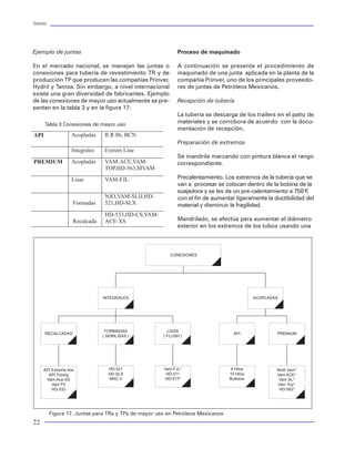 Tuberías                                                                                                                                                                                                                         Tuberías




Ejemplo de juntas                                            Proceso de maquinado                                                                                             vestimiento en el fondo y la cima de cada sección
                                                                                                                                                                              y hacer una gráfica de la fuerza axial contra la pro-
En el mercado nacional, se manejan las juntas o              A continuación se presenta el procedimiento de                                                                   fundidad.
conexiones para tubería de revestimiento TR y de             maquinado de una junta aplicada en la planta de la
producción TP que producen las compañías Prinver,            compañía Prinver, uno de los principales proveedo-                                                               2. Determinar la fuerza estabilizadora en la cima y el
Hydril y Tamsa. Sin embargo, a nivel internacional           res de juntas de Petróleos Mexicanos.                                                                            fondo de cada sección y hacer la gráfica de fuerza
existe una gran diversidad de fabricantes. Ejemplo                                                                                                                            estabilizadora contra profundidad.
de las conexiones de mayor uso actualmente se pre-           Recepción de tubería
sentan en la tabla 3 y en la figura 17:                                                                                                                                       p1(Ai)1 - p1(Ae)1 = -p1As
                                                             La tubería se descarga de los trailers en el patio de
      Tabla 3 Conexiones de mayor uso
                                                             materiales y se corrobora de acuerdo con la docu-                                                                donde:
                                                             mentación de recepción.
API                 Acopladas     R.R 8h, BCN                                                                                                                                 p1 = p2 fuerza estabilizadora (psi)
                                                             Preparación de extremos                                                                                          As = Area de sección transversal (pg2)
                    Integrales    Extrem Line                                                                                                                                 Ai = Area interna del tubo (pg2)
                                                             Se mandrila marcando con pintura blanca el rango                                                                 Ae = Area externa del tubo (pg2)
PREMIUM             Acopladas     VAM-ACE,VAM-               correspondiente.
                                  TOP,HD-563,MVAM                                                                                                                             3. Localizar la intersección de la línea de carga y fuer-
                    Lisas         VAM-FJL                    Precalentamiento. Los extremos de la tubería que se                                                              za estabilizadora para determinar el punto neutro y
                                                             van a procesar se colocan dentro de la bobina de la                                                              el punto de pandeo. Este punto es, donde la fuerza
                                                             suajadora y se les da un pre-calentamiento a 750°F ,                                                             axial es igual al promedio de la fuerza tangencial y
                                  NJO,VAM-SLIJ,HD-           con el fin de aumentar ligeramente la ductibilidad del                                                           radial.
                     Formadas     521,HD-SLX                 material y disminuir la fragilidad.
                                  HD-533,HD-CS,VAM-                                                                                                                           La tendencia al pandeo se presenta debajo del pun-
                     Recalcada    ACE-XS                     Mandrilado, se efectúa para aumentar el diámetro                                                                 to neutro.
                                                             exterior en los extremos de los tubos usando una
                                                                                                                                                                              A continuación en la figura 79 se muestra una grá-
                                                                                                                                                                              fica de fuerza axial, fuerza estabilizadora contra la
                                                                                                                                                                              profundidad para ejemplificar el procedimiento de
                                                          CONEXIONES                                                                                                          Goins.

                                                                                                                                                                              Centradores de tuberías de revestimiento

                                                                                                                                                                              Los centradores son accesorios opcionales dentro
                                                                                                                                                                              de una sarta de tuberías de revestimiento. Son im-
                                 INTEGRALES                                                  ACOPLADAS                                                                        portantes para garantizar una buena cementación.
                                                                                                                                                                              Mediante ellos se logra un espacio concéntrico que
                                                                                                                                                                              permite el flujo continuo de la lechada de cemento,
                                                                                                                                                                              reduciendo la resistencia al flujo uniformemente al-
                                                                                                                        Figura 78 Sistema de cabezales                        rededor de la tubería.
                                  FORMADAS               LISAS
       RECALCADAS                                                                   API              PREMIUM
                                 ( SEMILISAS )         ( FLUSH )                                                                                                              La colocación de los centradores es importante en
                                                                                                                      en el punto libre este seleccionada para prevenir       todos los pozos, especialmente en los pozos pro-
                                                                                                                      cualquier tendencia de la tubería de revestimiento a    fundos y altamente desviados.
                                                                                                                      pandearse abajo del punto libre
                                                                                                                                                                              La selección y distribución de centradores para una
      API Extreme line             HD-521              Vam-FJL*                    8 Hilos           Multi Vam*
                                   HD-SLX               HD-511                    10 Hilos
                                                                                                                      Con el procedimiento gráfico de Goins se puede          aplicación en particular de TR requiere básicamen-
        API Tubing                                                                                   Vam ACE*
       Vam-Ace-XS                  MAC II               HD-513*                   Buttress            Vam SL*         determinar a partir de dónde la sarta de revestimien-   te de un balance de fuerzas entre la carga de arras-
          Vam Fit                                                                                    Vam Top*         to tiende a pandearse. A continuación se presentan      tre o friccional impuesta por la acción del tubo so-
          HD-533                                                                                      HD-563*
                                                                                                                      los pasos del procedimiento:                            bre el agujero o sobre otra tubería y la resistencia
                                                                                                                                                                              que opone el material flejado del centrador.
                                                                                                                      1. Determinar la fuerza axial en la tubería de re-      Las bases de diseño para estudiar la colocación de
           Figura 17. Juntas para TRs y TPs de mayor uso en Petróleos Mexicanos
22                                                                                                                                                                                                                                83
 
