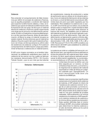Tuberías                                                                                                                                                                                                                                                    Tuberías




tud del cambio de cargas que experimentó la tube-                        Estado de esfuerzos axiales                                Cedencia                                                                de revestimiento, tuberías de producción y sartas
ría, sumando algebraicamente la distribución inicial                                                                                                                                                        de perforación que se utilizan en la industria petro-
y la distribución para cada evento adicional. Lo an-                     La distribución de carga axial inicial se debe al peso     Para entender el comportamiento de falla iniciare-                      lera. Como el material de fabricación de las tuberías
terior permitirá analizar el impacto que tiene cada                      propio de las tuberías, considerando la flotación y        mos por definir el concepto de cedencia o fluencia,                     es el acero, a nivel de fabricación se producen dife-
escenario de carga por los efectos axiales que se                        en su caso las carga por flexión presente por efecto       que es aquella propiedad o condición del material                       rentes tipos de acero que están regulados por los
manifiestan por la característica elástica del mate-                     de los cambios de ángulo. La figura 63 muestra el          para soportar la deformación elástica, o bien, la re-                   estándares. Para establecer la cedencia de un ace-
rial de los tubulares.                                                   comportamiento de las cargas axiales en condicio-          sistencia que opone el material a la deformación ante                   ro, el API recomienda que se realice una prueba de
                                                                         nes iniciales. Este estado de esfuerzos axiales se         la exposición de una carga. Se dice que un material                     tensión sobre un especimen. A partir de ésta se debe
Del mismo modo, las tuberías de producción debe-                         considera para sumar los efectos axiales por pan-          alcanza la cedencia o fluencia cuando experimenta                       medir la deformación generada hasta alcanzar la
rán considerarse bajo el criterio de que las tuberías                    deo, balonamiento y térmico.                               una carga que le provoca una deformación perma-                         fractura del mismo. Se establece que la cedencia
están sujetas a una condición inicial de carga al                                                                                   nente. Es decir, el material se comporta plásticamen-                   del material es el esfuerzo de tensión aplicado cuan-
momento de terminar la introducción de las misma                                                                                    te o se dice que tiene fluencia. Antes de esta defor-                   do alcanza el 0.5% de deformación. Este valor de
en condiciones estáticas en el interior del pozo. Des-                                                                              mación, al liberar la carga, el material recupera su                    deformación es ligeramente superior al límite elás-
pués debe realizarse un análisis de pandeo para                                                                                     estado original. Se dice entonces que el material es                    tico. Este porcentaje es aplicable para los aceros API
evaluar el impacto que en el aparejo tendrán los                                                                                    elástico. El punto a partir del cual el material se frac-               denominados H-40, J-55, K-55, N-80, C-75, L-80 y
cambios de carga derivados de cada evento al que                                                                                    tura o se rompe, se dice que alcanza su ultimo valor                    C-95. Para aceros P-110, Q-125, el API considera una
se someterán.                                                                                                                       de resistencia a la cedencia. La figura 19 muestra el                   deformación del 0.65% para establecer la cedencia
                                                                                                                                    comportamiento de deformación-carga para deter-                         de estos materiales.
En el caso de las sartas de perforación, la carga                                                                                   minar la fluencia o cedencia de un material (acero).
inicial será aquella generada al momento de in-                                                                                                                                                             La cedencia se mide en unidades de fuerza por uni-
troducir las tuberías e iniciar la perforación. Du-                                                                                 El API como órgano normativo en el ámbito inter-                        dad de área (psi), que significa la fuerza aplicada en
rante las operaciones de perforación los cambiod                                                                                    nacional, ha establecido estándares para medir la                       el área de exposición del material para hacer ceder
de condiciones deberán ser consideradas como                                                                                        cedencia de los aceros con los cuales se fabrican                       al mismo. Es decir, aquel esfuerzo aplicado para al-
eventos de carga.                                                                                                                   los tubulares denominados OCTG ( Oil Country                            canzar la deformación establecida. La nomenclatu-
                                                                                                                                    Tubular Goods ), que no son más que las tuberías                        ra recomendada por el API para identificar los dife-
Distribucion de temperatura                                                Figura 63 Carga axial inicial                                                                                                                rentes tipos de acero se define por una
                                                                                                                                                                                                                        letra seguida por un número. La letra
                                                                                                                                                                       Esfuerzo - Deformación
Considerado como condición inicial el perfir de tem-                     Condiciones de presión                                                                                                                         simboliza el tipo de acero, y el número y
peratura, será aquel que se obtenga en condiciones                                                                                                                                                                      la magnitud de la cedencia del material
estáticas. Como medida conservadora, en muchos                           El perfil de presión interno o externo actuando sobre                             100                                                          expresada en miles de libras por pulga-
casos se asume la temperatura original del pozo. Es                      la tubería es necesario para obtener los efectos axiales                                                                                       da cuadrada (psi). Ejemplificando: un
                                                                                                                                                           90
decir, el perfil de temperatura geoestático. Un ejem-                    (balonamiento y pandeo). Se considera la distribu-                                                                                             acero denominado N-80 tiene una
plo del comportamiento de temperatura inicial en                         ción de presión inicial como la resultante de los pesos                           80                                                           cedencia de 80000 psi.
un pozo se muestra en la figura 62. La diferencia de                     de los fluidos contenidos en el pozo. Un caso particu-
                                                                                                                                                           70




                                                                                                                                     Esfuerzo ( Kg/mm2 )
temperatura en cada punto de profundidad entre el                        lar es para las TRs, en el que se considera las presio-                                                                                       Debido a que se presentan significantes
perfil inicial y el perfil de temperatura para cada si-                  nes de la formación como el perfil externo actuante.                              60                                                          variaciones en la medición de la cedencia
tuación, representa el cambio de temperatura con                         La figura 64 muestra un ejemplo del perfil de presión                                                                                         de tuberías, el API adoptó el criterio de
el cual se obtiene el efecto axial por temperatura.                      inicial actuando sobre una tubería.                                               50                                                          “resistencia de cedencia mínima” en lu-
                                                                                                                                                                                                                       gar de un valor promedio. La mínima re-
                  0                                                                                                                                        40
                                                                                                                                                                                                                       sistencia de cedencia se calcula como el
              1000                                                                                                                                         30                                                          80% del promedio de la cedencia obser-
                                                                                                                                                                                                                       vada en una gran cantidad de pruebas
              2000                                                                                                                                         20                                                          realizadas. Adicionalmente a la mínima
     MD ( f t )




              3000                                                                                                                                         10
                                                                                                                                                                                                                       resistencia a la cedencia, el API especifi-
                                                                                                                                                                                                                       ca la máxima resistencia de cedencia y
              4000                                                                                                                                          0                                                          la mínima última resistencia a la tensión.
                                                                                                                                                                 0   0.25   0.5    0.75      1       1.25       1.5    Estas quedan definidas bajo el mismo
              5000
                                                                                                                                                                             Deformación ( % )                         enfoque del 80% de pruebas realizadas
              6000                                                                                                                                                                                                     para determinar la máxima cedencia y
                  75.0   100.0   125.0   150.0   175.0   200.0   225.0                                                                                                                                                 el valor de tensión última con la cual se
                                    Temperatura (oF)                                                                                                 Figura 19. Comportamiento elástico de un tubo                     fractura el material.
      Figura 62 Perfil de temperatura                                         Figura 64 Perfil de presión externa


72                                                                                                                                                                                                                                                           33
 