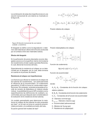 Tuberías                                                                                                                                                                                                                    Tuberías




Mediante el análisis de pandeo en las tuberías de          v: relación de poisson (adimensional)                   La combinación de estas dos imperfecciones en una
producción, se debe determinar la manera mas pro-                                                                  sección transversal de una tubería es mostrada en
                                                           ∆Pi: Cambio de presión interna (psi)
picia para colgar la TP en el cabezal. Se consideran                                                               la figura 25.
las fuertes variaciones en los esquemas de produc-         ∆Pe: Cambio de presión externa (psi)
ción. Esta situación genera cambios en las condi-
                                                           ∆ρi Cambio de densidad interna (psi/ft)
ciones de presión, temperatura, y en las condicio-                                                                                           d
nes axiales. El estado de esfuerzos axiales ideal en       ∆ρe Cambio de densidad interna (psi/ft)
la TP es aquel que mantenga el mínimo esfuerzo
axial tensional en superficie para amortiguar los          L : longitud de tubería (ft)                                                                                     Presión elástica de colapso
cambios por efectos axiales y la mínima carga
                                                           Ai: Area Interna (pg2)
compresiva en el fondo para mantener las condi-
ciones favorables para evitar el pandeo.                   Ae Area externa (pg2)                                                                                                                               1
                                                                                                                                                                                                2E
                                                                                                                                                                                         PE =
                                                                                                                                                                                                         D
Balonamiento                                               Pistón                                                                                                                               1 - v2
                                                                                                                                                                                                             ( D -1)
                                                                                                                                                                                                                   2




El efecto natural que presentan las tuberías por la        El efecto de contracción o elongación que pre-
                                                                                                                    Figura 25 Sección transversal de una tuberia
"inflación" o "desinflación" que se manifiesta por efec-   senta una tubería por efecto del cambio en el es-        ovalada y excéntrica
tos de cambios en la presión interna y externa se          tado de esfuerzos axiales es denominado efecto
denomina "balonamiento". Es una medida de la de-           "pistón",ver figura 54. La condición elástica que       El desgaste se define como la degradación o dete-        Presión elastoplástica de colapso
formación elástica propia del acero y que induce           caracteriza a las tuberías de acero da lugar a la       rioro del material por efecto de la fricción producida
esfuerzos tensionales y compresionales en la tube-         deformación axial. Es decir, por cada incremento        por el contacto entre dos materiales (tubos).
ría. Es decir la tubería se contrae o elonga               de carga axial, la tubería experimenta un cambio
longitudinalmente, cuando esta está confinada o sin        longitudinal. Este fenómeno de deformación elás-        Efectos del desgaste
libre movimiento.                                          tica en la que se manifiesta una relación de
                                                           elongación y de esfuerzos axiales queda repre-          En la perforación de pozos desviados ocurren des-
Se dice que existe el balonamiento cuando la pre-          sentado por la Ley de Hook, la cual tiene la repre-     gastes severos en la superficie interior de la tubería
sión interna que actúa en la tubería es superior a la      sentación matemática siguiente:                         de revestimiento al estar sujeta a grandes flexiones,
presión externa. Esto es semejante al proceso que                                                                  lo cual, afecta las funciones del tubo.                  Función de ovalamiento
se presenta para estallar a la tubería. Sólo que en
este caso se refiere al momento en que se alcanza                                                                  Especialmente la resistencia al colapso se ve dete-                 h(e) =(1-e) (1+C1e+C1e2)
el nivel de la cedencia del material. Las condiciones                                                              riorada por el desgaste, por lo cual, debe tomarse
elásticas del material generan elongaciones                                                                        en cuenta en el proceso de diseño                        Función de excentricidad
longitudinales que dan lugar a una deformación tipo        donde:
"globo" en la sarta de tubería. El esquema de la figu-                                                             Resistencia al colapso con imperfecciones
ra 42 representa la forma en que esto se lleva a cabo.         DA = FA (actual) - x (anclada) (lbf)
                                                                                                                   Los factores que afectan la resistencia al colapso de
Se dice que existe "balonamiento inverso" cuando               DL : cambio de longitud generado (ft)               las tuberías de revestimiento, son particularmente
se presenta el efecto de "desinflación" motivado por           E = Módulo de Young (psi)                           la influencia de la excentricidad y el ovalamiento       donde:
los cambios de presión externa que son superiores              As = Area de sección transversal (pg2)              geométrico. El API no toma en cuenta estas imper-
a la presión interna prevaleciente en la tubería.              L = Longitud de la sarta (ft)                       fecciones. Sin embargo, recientes propuestas al co-        A1, A2, A3 - Constantes de la función de colapso
                                                                                                                   mité de revisión de estándares en materia tubular
                                                                                                                                                                              elástico plástico
Estos cambios que se manifiestan en la tubería pue-                                                                indican la posibilidad de que el API considere como
                                                           Efecto térmico
den evaluarse como un esfuerzo axial adicional al es-                                                              especificaciónes las definiciones de ovalidad y ex-        B1, B2, B3 - Constantes de la función de ovalamiento
tado de esfuerzos presente antes de la generación de                                                               centricidad, para que después sean consideradas en
                                                           La temperatura a la cual se exponen las tuberías en                                                                C1, C2 - Constantes de la función de excentricidad
este efecto. La magnitud de este esfuerzo axial puede                                                              la evaluación de la resistencia de las tuberías.
                                                           el interior de un pozo. Son importantes para la esti-
obtenerse mediante el siguiente modelo:                                                                                                                                       D - Diámetro nominal (pg)
                                                           mación de las cargas axiales. Estas cargas se pro-
                                                                                                                   Un modelo generalizado para determinar la resis-           D max / ext - Diámetro máximo (pg)
                                                           ducen por el cambio de temperatura que experimen-
                                                                                                                   tencia al colapso de las tuberías ha sido propuesto
     ∆FB = 2ϑ(∆PiAi - ∆PeAe) + vL (∆ρiAi -∆ρeAe)           ta la tubería al someterse a diferentes eventos de                                                                 e - Excentricidad (adimensional)
                                                                                                                   por Issa31, en el cual, se toma en cuenta la excentri-
                                                           carga. La magnitud de las cargas axiales generadas
                                                                                                                   cidad promedio y la ovalidad promedio del tubo.            E - Módulo de Young (psi)
     donde:                                                por efecto del cambio de temperatura puede
     ∆FB: Cambio axial por balonamiento (psi)              obtenerse de la siguiente manera:                       Ecuación general del modelo de Issa    31                  P - Resistencia al colapso(psi)


68                                                                                                                                                                                                                           37
 