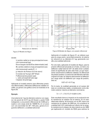 Tuberías                                                                                                                                                                                                                                                       Tuberías




                                                                                                                        Tensión (1.000LBX)




                                                                                                                                                                                                  Deflexión radial
                                                                                                                                                         Reducción en diámetro                                                     Presión (PSI)

                                                                                                                                             Figura 27 Modelo de Akgun                                          Figura 28 Modelo de Akgun, con presión diferencial

                                                                                                                                                                                                   Aplicando el modelo de figura 27, se obtiene que
                                                                                                                          donde:                                                                   para la carga axial y severidad presente, la tubería
  Figura 58 Capacidad de resistencia y carga de una tubería                                                                                                                                        se reducirá en su diámetro 0.1 pg, generando con
                                                                                                                                                v cambio radial en el eje principal de la sec-     ello una ovalidad adicional.
                                                                                                                                                ción transversal [pg]
bería que se introduce al pozo, desde su corrida, va          o un estado inicial de esfuerzos, a partir de un "tiem-                           θ es el ángulo donde ϖ es determinado [rad]        Por otro lado, aplicando el modelo de Akgun, para la
sufriendo alteraciones en las condiciones de carga            po cero". Es decir, representar la magnitud del esta-                             ϖo cambio radial en el eje principal de la sec-    presión diferencial actuando en el tubo, se tiene una
de presión y de temperatura. Por esto es de gran              do de esfuerzos axiales generados por las condi-                                  ción transversal cuando θ = 0                      deflexión radial total de 0.07 .Se debe tener cuidado
interés evaluar las transformaciones en los esfuer-           ciones iniciales de presión y de temperatura bajo o                                                                                  sobre el significado de este valor final, ya que repre-
                                                                                                                                                µ relación de Poisson (0.3 de acero)
zos, particularmente en las cargas axiales. Los cam-          durante la ocurrencia de un evento en particular.                                                                                    senta únicamente la deflexión debida a la diferencial
                                                                                                                                                E modulo de Young’s (30*106psi)                    de presión positiva. La reducción del diámetro del tubo
bios que se presentan en los esfuerzos axiales tiene          Como condición de carga inicial de una tubería de
lugar por la característica de ductilidad con las que         revestimiento se ha establecido el estado de esfuer-                              P diferencial de presión [psi]                     original (circular) se obtiene adicionando la deflexión
están fabricadas las tuberías. Es decir, tienen la ca-        zos axiales posterior a la cementación de la tubería.                             ro radio principal del tubo [pg]                   por carga axial a la deflexión por carga de presión,
pacidad de deformación elástica hasta los límites             En el caso de tuberías de producción, el estado de                                t espesor de pred [pg]                             esto es:
de cedencia del acero.                                        esfuerzo inicial se establece a partir del momento                                                                                                   0.07+0.1=0.17 pg
                                                              de colgarla en el cabezal. En cambio en el fondo del        Aplicando el modelo anterior para diferentes presio-
Durante la evaluación de los cambios axiales que              pozo, el estado de carga axial inicial para una sarta       nes diferenciales y diferentes deflexiones radiales ini-                 Por lo tanto, la ovalidad generada en el cuerpo del
experimenta una tubería, se han detectado cuatro              de perforación es la prevaleciente en condiciones           ciales, se genera una gráfica como la mostrada en la                     tubo en condiciones reales, considerando como diá-
fenómenos o efectos axiales muy particulares que              estáticas.                                                  figura 28.                                                               metro exterior máximo al diámetro nominal es:
dan lugar a una alteración o modificación en el es-
tado del esfuerzo axial. Estos son:                           Una vez establecida la condición inicial, para cada         Ejemplo:                                                                                   S = ( 7 – ( 7-0.17) )/7=0.024=2.4%
                                                              evento de carga (que generan un cambio de pre-
           · Pandeo                                           sión y temperatura) se debe establecer el estado de         Una tubería de 7 pg de diámetro exterior con espe-                       Este resultado tiene su impacto en la evaluación de
           · Balonamiento                                     esfuerzos axiales, modificado por la acción de los          sor de pared de 0.317 pg (23 lb/pie) y grado N-80                        la resistencia al colapso de la tubería. En el caso
           · Pistoneo                                         fenómenos aciales presentes. Cada nuevo estado              trabajando a una presión diferencial de 2,000 psi y                      ideal esta tubería, de acuerdo con el API, tiene una
           · Efecto térmico.                                  de esfuerzos axiales es analizado para aplicarlo con        sujeta a una carga axial de 100000 lb, en un pozo                        resistencia al colapso de 3830 psi. Al considerar la
                                                              fines de seleccionar el tubo o tuberías más propi-          con una severidad de 30º /100 pies, genera la si-                        ovalidad del 2.4% estimada por efecto de la carga,
Cada uno de ellos refleja una acción de carga axial           cias para soportar estos cambios axiales.                   guiente deflexión u ovalidad adicional:                                  la resistencia al colapso de esta tubería es de 3480
adicional (tensional o compresional) que hay que                                                                                                                                                   psi (aplicando el. modelo de ISSA para estimar la
considerar en el diseño de las tuberías. Para lograr          A continuación se describen los principales efec-
lo anterior, se debe establecer una condición inicial         tos axiales:

66                                                                                                                                                                                                                                                              39
 