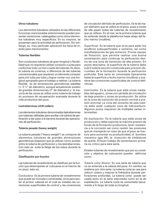 Tuberías                                                                                                                                                                                                            Tuberías




                                                                                                        Otros tubulares                                              de circulación del lodo de perforación. Es la de ma-
                                                                                                                                                                     yor diámetro que se utiliza en el pozo, pues a través
                                                                                                        Los elementos tubulares utilizados en las diferentes         de ella pasan todas las tuberías de revestimiento
                                                                                                        funciones mencionadas anteriormente pueden pre-              que se utilizan. En el mar, es la primera tubería que
                                                                                                        sentar variaciones catalogadas como otros elemen-            se extiende desde la plataforma hasta abajo del le-
                                                                                                        tos tubulares muy específicos. En su mayoría, se             cho marino (mudline).
                                     Tabla 6 Software utilizado para diseño de tuberías
                                                                                                        presentan para la actividad de perforación. Sin em-
                                                                                                        bargo, su muy particular aplicación los hace de in-          Superficial: Es la tubería que sirve para aislar los
      Software                       Compañía                                                           terés para mencionarlos:                                     acuíferos subsuperficiales o someros, así como
      StressCheck                    Enertech-Landmark                                                                                                               manifestaciones de gas someros. Provee equipo
      WellCat                        Enertech-Landmark                                                  Tuberías flexibles                                           de flotación, que permita realizar una buena
      DistrW                         Instituto Mexicano del Petróleo                                                                                                 cementación para continuar la perforación den-
      Casing2                        Maurer Engineering Inc.                                            Son conductos tubulares de gran longitud y flexibi-          tro de una zona de transición de alta presión. En
      Camax                          Pemex División Sur                                                 lidad que no requieren utilizar conexión o junta para        pozos desviados, la superficie de la tubería debe
                                                                                                        conformar todo un tren o sarta de tuberías. Es decir,        cubrir toda la sección construida para prevenir de-
                                                                                                        la tubería es continua, a diferencia de las tuberías         rrumbes de la formación durante la perforación
           CARACTERISTICA              StressCheck         WellCat       DistrW       Casing2   Camax   convencionales que requieren un elemento conector            profunda. Esta sarta es cementada típicamente
      Modelo API                                                                                        para unir tubo por tubo y lograr contar con una lon-         hasta la superficie o lecho marino (mudline) y sos-
      Modelo Biaxial                                                                                    gitud apropiada para el trabajo a realizar. La tubería       tiene las conexiones superficiales de control defi-
      Modelo Triaxial
                                                                                                        flexible es de dimensiones geométricas esbeltas              nitivas.
                                                                                                        (< 3 ½” de diámetro), aunque actualmente existen
      Pozos desviados
                                                                                                        de grandes dimensiones (7” de diámetro) y la ma-             Intermedia: Es la tubería que aísla zonas inesta-
      Flexión
                                                                                                        yoría de las veces se utiliza como tubería de trabajo        bles del agujero, zonas con pérdida de circulación
      Domo Salinos
                                                                                                        en procesos de recuperación avanzada durante la              de baja presión y zonas de producción. Se utiliza
      Temperatura/cedencia                                                                              vida productiva del pozo.                                    en la zona de transición de presión normal a pre-
      Slección gráfica                                                                                                                                               sión anormal. La cima del cemento de esta tube-
      Selección matemática                                                                              Lastrabarrenas (drill collars)                               ría debe aislar cualquier zona de hidrocarburo.
      Selección por usuario                                                                                                                                          Algunos pozos requieren de múltiples sartas in-
      Datos de Juntas                                                                                   Los elementos tubulares denominados lastrabarrenas           termedias.
      Datos de Tuberías                                                                                 son tuberías utilizadas para auxiliar a la tubería de per-
      Modelo API de Juntas                                                                              foración a dar peso a la barrena durante las operacio-       De explotación: Es la tubería que aísla zonas de
      Juntas premium                                                                                    nes de perforación.                                          producción y debe soportar la máxima presión de
      Efectos axiales                                                                                                                                                fondo de la formación productora, tener resisten-
      Carga máxima                                                                                      Tubería pesada (heavy weigth)                                cia a la corrosión así como resistir las presiones
      Service life                                                                                                                                                   que se manejarán en caso de que el pozo se frac-
      Análisis de pandeo                                                                                La tubería pesada (“heavy-weigth”) se compone de             ture para aumentar su productividad, el bombeo
      Diseño de centradores                                                                             elementos tubulares de grandes dimensiones                   mecánico (gas lift), la inyección de inhibidores
      Diseño de anclaje                                                                                 geométricas (espesor) que se utilizan como auxiliar          de aceite. El buen trabajo de cementación prima-
                                                                                                        entre la tubería de perforación y los lastrabarrenas.        ria es crítico para esta sarta.
      Diseño de corrida
                                                                                                        Con esto se evita la fatiga de los tubos durante la
      Análisis axial
                                                                                                        perforación.                                                 Existen tuberías de revestimiento que por su condi-
      Modelos de flujo hidráulico
                                                                                                                                                                     ción y objetivo de colocación pueden definirse
      Modelos de flujo multifásico                                                                      Clasificación por función                                    como:
      Modelos de Temperatura
      Modelo de Torque y arrastre                                                                       Las tuberías de revestimiento se clasifican por la fun-      Tubería corta (liners): Es una sarta de tubería que
      Modelo de Corrosión                                                                               ción que desempeñan al colocarse en el interior de           no se extiende a la cabeza del pozo. En cambio, se
                                                                                                        un pozo, esto es:                                            sostiene por otra sarta. La tubería corta se usa para
                                                                                                                                                                     reducir costos y mejorar la hidráulica durante per-
                                                                                                        Conductora: Es la primera tubería de revestimiento           foraciones profundas. La tubería corta puede ser
                                                                                                        que puede ser hincada o cementada; sirve para sen-           usada tanto en la sarta intermedia como en la de
                                                                                                        tar el primer cabezal en el cual se instalan las co-         explotación. La tubería corta es cementada típica-
                                                                                                        nexiones superficiales de control y las conexiones           mente a lo largo de toda su longitud.

100                                                                                                                                                                                                                  5
 