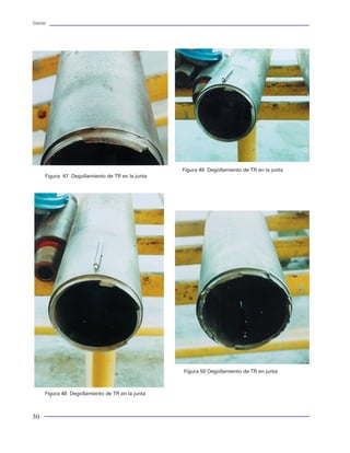 Tuberías                                                                                                                                                                                                    Tuberías




                                                   Figura 49 Degollamiento de TR en la junta
       Figura 47 Degollamiento de TR en la junta




                                                                                                   Figura 53 Envolvente triaxial del cuerpo del tubo y su conexión


                                                                                               un comportamiento de la envolvente de trabajo o            Las cargas axiales se producen inicialmente por la ac-
                                                                                               diagrama de capacidad de una junta. Desgraciada-           ción natural de los efectos gravitacionales, es decir el
                                                                                               mente, el desarrollo de este tipo de gráficos es ex-       peso propio de los tubos. Debido a que los tubos se
                                                                                               clusivamente posible por los fabricantes de juntas,        introducen en el interior de un pozo lleno de un fluido
                                                                                               dado que las dimensiones de diseño de la conexión          de control, se debe considerar el efecto de flotación.
                                                                                               son de patente(en el caso de las conexiones                Además, durante la introducción se presentan efec-
                                                                                               premium).                                                  tos axiales como: arrastre o fricción generada por el
                                                                                                                                                          contacto entre agujero y tubería y tubería-tubería. Tam-
                                                                                               III. CONDICIONES DE CARGA                                  bién se presenta el efecto de choque que se genera
                                                                                                                                                          por el paro súbito al momento de introducir. Después
                                                                                               Las condiciones bajo las cuales trabaja una tubería        de la introducción (nacimiento del tubo) el estado de
                                                                                               en el interior de un pozo son variadas y de magni-         cargas axiales se ve alterado por efecto de los cam-
                                                                                               tud considerada. Las cargas principales que se pre-        bios de presión y/o temperatura que se suscitan al
                                                                                               sentan en un pozo y que actúan sobre la tubería son:       cambiar de densidad del fluido de control y al efec-
                                                                                               cargas axiales, cargas de presión, cargas torsionales,     tuar operaciones que demandan presión, por lo que
                                                   Figura 50 Degollamiento de TR en junta
                                                                                               cargas no-axiales, corrosión y flexión. Cada una de        se generan efectos axiales como: balonamiento,
                                                                                               estas cargas merece un tratamiento particular para         pistoneo, pandeo y efectos axiales por la acción del
                                                                                               después comprender la acción combinada de ellas.           cambio de temperatura.
       Figura 48 Degollamiento de TR en la junta



50                                                                                                                                                                                                           55
 