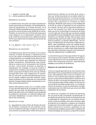 Tuberías                                                                                                                                                                                                                          Tuberías




t = espesor nominal, [pg]                                  terferencia de contacto en los hilos de la rosca, o                                                                                         Yc = resistencia mínima a la ce-
Up = ultima resistencia del tubo, [psi]                    bien, por la falta de presión en los sellos metal-me-                                                                                       dencia, [psi]
                                                           tal en las conexiones premium. La ciencia encarga-                                                                                          W = diámetro exterior nominal
Resistencia a la torsión                                   da de estudiar los fenómenos que ocurren cuando                                                                                             del cople, [pg]
                                                           existen dos superficies en contacto se llama                                                                                                d1 = diámetro de la raíz de la
La resistencia de una junta a la carga impuesta por        tribología. Mediante esta ciencia, se ha establecido                                                                                        rosca, [pg]
torsión generada por el apriete y la manifestada du-       la forma de medir la fugacidad en dos superficies
rante las operaciones en el fondo del pozo, es el          en contacto. Se dice que en términos estrictos no                                                                                           Para roscas redondas de tuberías
límite permisible aceptable de torque que se le pro-       hay en una conexión con 100% de hermeticidad,                                                                                               de revestimiento (TR) y produc-
porciona a una junta para evitar la falla de la misma.     dado que se ha comprobado la existencia de flujos                                                                                           ción
También, se reconoce como el límite de torque para         a nivel molecular. Es por ello que una buena medida
evitar deterioro en el desempeño mecánico de la            para identificar la hermeticidad de una conexión deba                                                                                       d = E - (L + A) T + H - 2S
                                                                                                                                                                                                        1    1       1            rn
junta. El API ha reconocido como válida la ecuación        acudirse a un indicador del flujo. Esto se logra con la
de Farr para determinar la resistencia a la torsión de     prueba de flujo para hacer pasar un gas inerte (helio)                                                                                      donde:
una conexión:                                              entre la conexión a un tiempo determinado. Sin em-
                                                           bargo, los fabricantes de conexiones malamente pu-                                                                                       E1 = diámetro de paso, [pg]
Ty = S A[(p/2p) + (R f / cos q) + R    ] / 12              blican esta característica como una medida de pre-                                                                                       L1 = Longitud medida a partir del
           yc           t             sf                   sión de los sellos metal-metal. Es decir, se recomien-                                                                                   extremo del cople [pg]
Resistencia a la compresión                                dan las conexiones con sello metal-metal aludiendo                                                                                       A = Ancho de la separación en-
                                                           que soportaran presiones mayores a las presiones lí-           Figura 51 Fractura de caja de tuberías de perforación                     tre el extremo y el primer hilo[pg]
La resistencia que opone la conexión a ser compri-         mites de colapsamiento o estallamiento.                                                                                                  T = conicidad, [pg/pg]
mida por el efecto de apriete o interferencia en la                                                                                                                               H = altura de la rosca, [pg]
rosca y las cargas combinadas de esfuerzos axiales         La única forma que se tiene para estimar la fuga en                                                                        = 0.86600 para 10TPI
y tangenciales es una medida de las áreas de con-          una conexión es la ecuación API para rosa buttres y                                                                        = 0.10825 para 8TPI
tacto de la conexión para absorber los esfuerzos           rosca redonda, tal y como se preesentaron anterior-                                                                    Srn = 0.014 pg para 10TPI
axiales compresivos. Generalmente, esta caracte-           mente. Para conexiones premium, cada fabricante                                                                            = 0.017 pg para 8TPI
rística se mejora con la incorporación de hombros          establece sus límites de resistencia.
de paro, cuya función principal, es absorber el                                                                                                                                   Para roscas buttress en tubería de revestimiento
sobretorque. Sin embargo, la zona de contacto o            Diagrama de capacidad de juntas
superficie de contacto en la conexión sirve para ab-                                                                                                                              E1 = diámetro de paso, [pg]
sorber carga axial. El diseño de la rosca es el factor     La forma irregular geométrica de una conexión hace                                                                     L1 = longitud de la rosca perfecta, [pg]
principal para tener más resistencia a la compre-          difícil determinar la capacidad de resistencia de una                                                                  Resistencia a la fuga ( evaluada en el plano E1 o
sión en una junta. Los denominados flancos de car-         junta, entendiéndose esto como la condición pre-                                                                       E7.)
ga con ángulo negativo permiten absorber mayor             sente en una conexión para soportar cualquier car-
carga compresiva. Las conexiones con rosca de tipo         ga que comprometa el desempeño mecánico de la
gancho (o enganchadas) existen actualmente en mu-          misma. Es decir, los límites de resistencia que opo-
chas conexiones premium.                                   ne la junta para evitar la falla o fallas. Se dice que en
                                                           una conexión las fallas pueden tener un comporta-
Dada la dificultad de contar con un modelo analíti-        miento de sinergia, ya que al presentarse una falla,
co que permita determinar la resistencia a la com-         suele generarse otra adicional, que provoca la falla
presión de una junta, los fabricantes de juntas pu-        catastrófica de la misma.
blican este dato como una medida en porcentaje de                                                                                                                                              2    2            2
la resistencia a la tensión, en virtud de realizar esti-   Un intento por cuantificar los límites de operación            Figura 52 Vista frontal de caja fracturada              P = ETNp (W - E ) / 2 E W
                                                                                                                                                                                                   s         s
maciones estadísticas a un gran número de prue-            de una junta ha sido presentado recientemente. El
bas en las conexiones.                                     resultado del estudio es similar al entendimiento de                                                                   donde:
                                                           la capacidad de resistencia de una tubería (envol-
Resistencia a la fuga                                      vente o criterios de falla), pero para una junta, dada                                                                       P = Presión límite para la fuga, [psi]

La capacidad de evitar el flujo de fluidos del exte-
                                                           la variación en su diámetro y espesor, se considera
                                                           la aplicación del modelo triaxial en cada una de las
                                                                                                                                        P = Yc
                                                                                                                                                 [   W - d1
                                                                                                                                                      W       ]                         E = 30x106 módulo de elasticidad
                                                                                                                                                                                        T = conicidad, [pg/pg]
rior al interior o viceversa en una conexión, se de-       partes críticas de la conexión, resultando en una           donde:                                                             = 0.0625 rosca redonda para TR
nomina resistencia a la fuga. La fuga de un fluido en      envolvente semi-elíptica que permitirá cuantificar los      P = presión límite para la fuga, [psi]                             = 0.0625 para rosca buttress TR 13 3/8
una conexión se presenta por efecto de la poca in-         límites de trabajo de una junta. La figura 53 muestra                                                                            y menores.

54                                                                                                                                                                                                                                  51
 