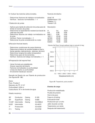 Tuberías                                                                                                                                                                                                                             Tuberías




6. Evaluar las tuberías seleccionadas.                    Factores de diseño:                                                                                                       ×   Evitar el «brinco de roscas» (jump out) en pozos
                                                                                                                                                                                        con alto ángulo de desviación.
· Determinar factores de trabajos normalizados            Axial:1.6                                                                                                                 ×   Mejorar la resistencia a presión interna y externa.
· Verificar : factores normalizados > 1                   Estallamiento:1.25                                                                                                        ×   Disminuir esfuerzos tangenciales en coples.
                                                          Colapso:1.1                                                                                                               ×   Facilitar la introducción en agujeros reducidos.
7.Selección de juntas                                     Triaxial:1.25                                                                                                             ×   Evitar la turbulencia del flujo por cambio de diá-
                                                                                                                                                                                        metro interior.
· Aplicar guía rápida de selección de juntas para de      Desviación:                                                                                                               ×   Múltiples conexiones y desconexiones en po-
  limitar el número de juntas                                                                                                                                                           zos de prueba.
· Determinar la capacidad de resistencia triaxial de      H                               Inc       Azim                                                                            ×   Sellos mejorados.
  cada tipo de junta                                      0.0                             0.00      0.00
· Determinar factores de trabajo normalizados en          640.1                           0.00      0.00                                                                            La diferencia más significativa entre las roscas API
  la junta                                                1021.1                          25.00     0.00                                                                            y las roscas Premium es el tipo de sello:
· Verificar: Factor normalizado > 1                       4419.6                          25.00     0.00
· Seleccionar la junta considerando su costo              4572.0                          15.00     0.00                                                                            En las roscas API el sello puede ser:
                                                          5334.0                          15.00     0.00
8.Revisión final del diseño                                                                                                                                                             Sello Resilente: Mediante un anillo u O Ring de
                                                            VSection Ref Plane: through wellhead origin on azimuth 0.0 deg                                                              teflón o materiales similares (utilizadas para pre-
· Determinar condiciones de carga dinámica                                     0.0                                                                                                      siones excesivamente bajas), a veces sólo fun-
· Determinar el efecto de cambios axiales en las tu                                                                                                                                     cionan como barreras contra la corrosión.
                                                                                                                               Figura 10 Junta acoplada
  berías (pandeo, balonamiento, pistoneo, térmico)                         1000.0
· Determinar longitud de sellos (empacador).                                                                                                                                            Sello de interferencia: Es el sello entre roscas
                                                       Prof. Vertical(m)


· Determinar paso de herramientas.                                                                                                                                                      originado por la interferencia entre los hilos de
· Verificar: factores de trabajo normalizados > 1                          2000.0                                                                                                       la rosca al momento de conectarse mediante la
                                                                                                                                                                                        conicidad del cuerpo de la junta y la aplicación
9.Preparación del reporte final                                            3000.0
                                                                                                                                                                                        de torsión. El sellado propiamente dicho es cau-
                                                                                                                                                                                        sado por la grasa aplicada, la cual rellena los
·   Llenar formato pre-establecido                                                                                                                                                      microhuecos entre los hilos de la rosca.
·   Anexar soportes del diseño                                             4000.0
·   Factores normalizados vs profundidad                                                                                                                                            En las roscas Premium el sello es:
·   Líneas de diseño vs profundidad
                                                                           5000.0
·   Envolvente triaxial por sección                                                                                                                                                     Metal-Metal: Se origina por la presión de con-
                                                                                    0.0    1000.0 2000.0 3000.0 4000.0                                                                  tacto entre planos deslizantes adyacentes. Es
Ejemplo de Diseño de una Tubería de producción                                               Desplazamiento (m)                                                                         decir, existe un contacto metal metal entre el pi-
(ver figuras 80 - 86):                                                                                                                                                                  ñón y la caja de la junta.

Datos                                                                  Figura 80 Trayectoria, pozo prueba 1                                                                         Tipos de juntas
Pozo: Prueba 2
Diámetro de TP: 3 1/2"                                                                                                                                                              Las conexiones pueden definirse de acuerdo con el
Profundidad: 5334 m                                       Eventos de carga                                                                                                          maquilado de los extremos de la tubería como:
Costa afuera: 91 m de tirante de agua
                                                          Producción estabilizada                                                                                                           Recalcadas
Estado mecánico:                                          Prueba de presión                                                    Figura 11 Junta integral                                     Formadas (Semiflush)
                                                          Cierre de pozo                                                                                                                    Lisas (Flush)
30"        Conductor     Casing      0-183                Fuga en el tubing                                                  bios en la rosca y/o a la integración de elementos             Acopladas
20"        Superficial   Casing      0-609                Evacuación total                                                   adicionales como sellos y hombros que le propor-
                                                          Producción por un año                                              cionan a la junta características y dimensiones es-
13 3/8"    Intermedia    Casing      0.0-2956.6                                                                                                                                     En una nueva nomenclatura a nivel internacional,
                                                                                                                             peciales para cubrir requerimientos específicos para
9 5/8"     Intermedia                0.0-4572             Jalón durante corrida                                                                                                     se identifican los anteriores tipos de juntas con las
                                                                                                                             la actividad petrolera, tales como:
                                                          Tratamiento con ácido                                                                                                     siguientes siglas :
7"         Producción                0.0-5334
3½         Tubing                    0.0-5182             Después del tratamiento


86                                                                                                                                                                                                                                    19
 