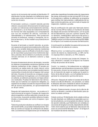 Tuberías                                                                                                                                                                        Tuberías




                                                                    nación en el momento del vaciado al distribuidor. El      partículas magnéticas húmedas antes de maquinarse
                                                                    distribuidor ha sido diseñado con deflectores espe-       las roscas, de acuerdo con las normas API. En el cuar-
                                                                    ciales para evitar turbulencias y la mezcla de la es-     to de patrones y calibres, la calibración se programa
                                                                    coria con el acero.                                       para verificar los instrumentos y calibradores de tra-
                                                                                                                              bajo contra los patrones, así como todo el equipo de
                                                                    El laminador continuo a mandril retenido permite          inspección, medición y prueba.
                                                                    obtener una precisión dimensional en la tubería que
                                                                    cumple con tolerancias extremadamente estrictas.          Para la certificación de cada tubo fabricado dentro
                                                                    En laminación y en la línea de tratamiento térmico        de las normas API se realiza un monitoreo de todas
                                                                    los hornos han sido equipados con computadoras            las etapas del proceso de fabricación, con la ayuda
                                                                    que con los modelos de cálculo, controlan la              de los laboratorios, que son: químico (acería), físi-
                                                                    rastreabilidad y el calentamiento. Para protección        co (tensión), metalográfico (estructura del acero) y
                                                                    durante el embarque, manejo y transporte, los tu-         prueba de colapso (valor real de colapso). También
                                                                    bos se barnizan y se les instalan sus protectores en      TAMSA cuenta con la Norma Internacional ISO 9000.
                                                                    las roscas.                                               En la figura 2 se muestra el proceso de fabricación.

                                                                    Durante el laminado a mandril retenido, se produ-         A continuación se detallan los pasos del proceso de
                                                                    cen espesores de pared extremadamente uniformes,          la fabricación de tubería sin costura.
                                                                    ésta es una variable ideal para tuberías resistentes
                                                                    al alto colapso, que es verificado a través de un equi-   Materia prima: La materia prima usada en la fabri-
                                                                    po de rayos láser que proporciona mediciones rápi-        cación de tubería es, básicamente, un 30% de fie-
                                                                    das y precisas. Así se obtiene un producto con tole-      rro esponja (fierro natural) y un 70% chatarra.
           Figura 94 Factores de trabajo para TR en pozo prueba 3   rancias estrictas en el diámetro exterior y baja
                                                                    ovalidad.                                                 Acería: Es un proceso que consta de 3 etapas: fu-
                                                                                                                              sión, afinación y vaciado. En la figura 3 se muestra
                                                                    Durante el tratamiento térmico de temple y revenido       el flujo de proceso de la acería.
                                                                    se obtienen propiedades mecánicas óptimas en las
                                                                    tuberías resistentes al alto colapso. El temple por       Fusión: La materia y ferroaleaciones se calientan
                                                                    inmersión se realiza tanto de modo interno como           hasta alcanzar una temperatura cercana a los 1620°C.
                                                                    externo. Esto produce una completa transformación         En ese punto, el acero se encuentra en estado líqui-
                                                                    martensítica a través de todo el espesor del cuerpo       do, la inyección de argón se realiza por la parte in-
                                                                    del tubo. Durante el revenido se consiguen propie-        ferior de la olla de fusión, con la finalidad de homo-
                                                                    dades mecánicas homogéneas y en el enderezado             geneizar la composición química del acero.
                                                                    en caliente, se obtienen productos con bajos esfuer-
                                                                    zos residuales. Pruebas de laboratorio han demos-         Afinación: Después de realizar el vaciado de la olla de
                                                                    trado que en tuberías con espesores delgados, su          fusión a la olla de afinación, con precisión, se realiza
                                                                    resistencia al colapso excede los requerimientos del      la afinación del acero mediante la adición de aleacio-
                                                                    API de aceros equivalentes, en aproximadamente            nes Así se obtiene el grado de acero requerido.
                                                                    un 30 por ciento.
                                                                                                                              Vaciado: Posteriormente, el acero de la olla de afi-
                                                                    Después del tratamiento térmico, se prueba en lí-         nación es llevado y vaciado al distribuidor para ob-
                                                                    nea la dureza de la tubería. El equipo de inspección      tener la colada continua.
                                                                    electromagnético verifica cada tubo a través de cua-
                                                                    tro funciones, buscando posibles defectos longitu-        Colada continua: El distribuidor de la colada continua
                                                                    dinales y transversales, así como el espesor y gra-       ha sido diseñado con deflectores especiales que evi-
                                                                    do de acero.                                              tan la turbulencia, con el propósito de obtener barras
                                                                                                                              de sección redonda, que finalmente son cortadas en
                                                                    Todos los productos tubulares se verifican con el paso    secciones de longitud conocida, dependiendo del diá-
             Figura 95 Diseño de TR al colapso, pozo prueba 3       del mandril (drift) y se prueban hidráulicamente. Tam-    metro de la tubería que se fabricará. Esta sección de
                                                                    bién se cuenta con equipo de verificación de ultraso-     acero es comúnmente llamada “tocho”. En la figura 4
                                                                    nido. Los extremos se inspeccionan por el método de       se muestran las barras redondas.


96                                                                                                                                                                               9
 