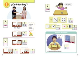 26 27
5
3 2
7
3 4
7
5
5
1
5
7
6
3 3
6
4
6
6
7 es y
y 7y
7
3
¿Cuántas están escondidas?
5 es 3 y 2
Números escondidos
¿Cuántos hay?
Hay 7
bolas.
Escribe en
el los
números
correctos.
¡Que salgan 7!
 