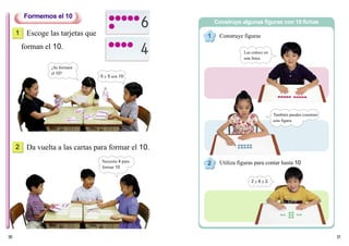 3130
Da vuelta a las cartas para formar el 10.
1 Escoge las tarjetas que
forman el 10.
2
Construye algunas figuras con 10 fichas
Formemos el 10
1
2
Construye figuras
Utiliza figuras para contar hasta 10
¿Se formará
el 10?
5 y 5 son 10
Necesito 4 para
formar 10
Las coloco en
una línea.
También puedes construir
esta figura.
2 y 6 y 2.
 